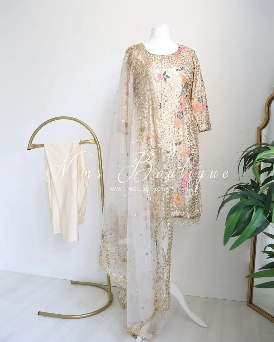 Luxury Bella Cream Pajami Suit with sleeves (bespoke)