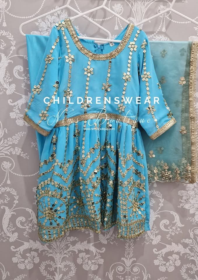 Sky Blue Sequin Kids Frock Pajami Suit