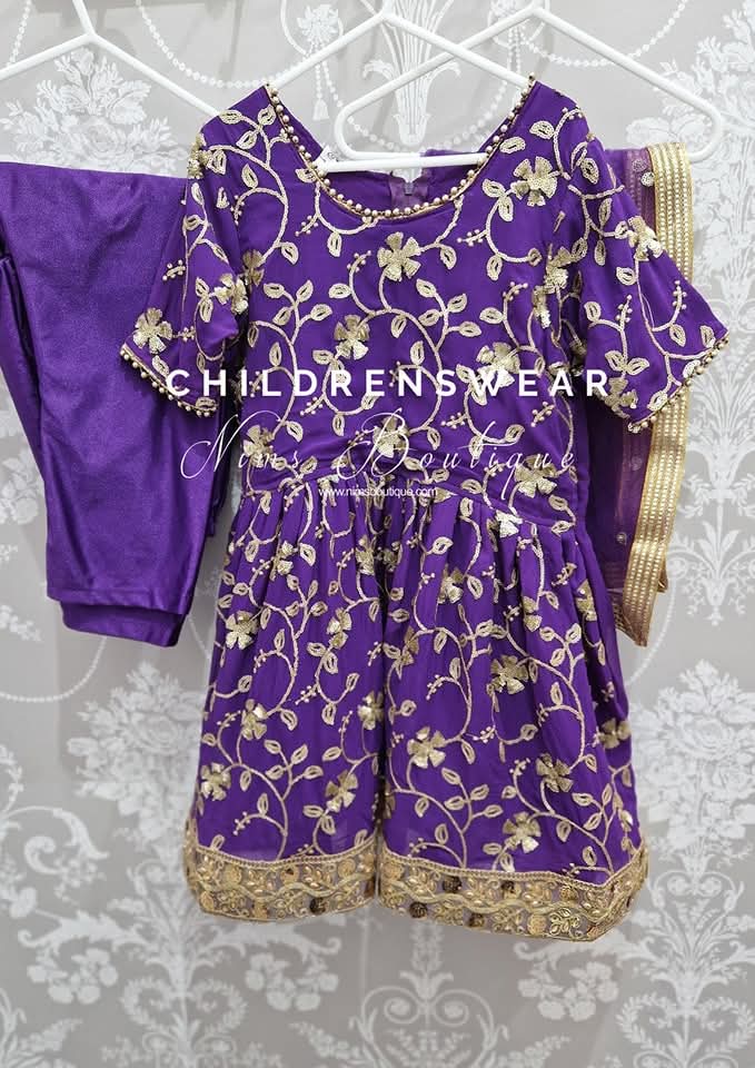 Purple Sequin Kids Frock Pajami Suit