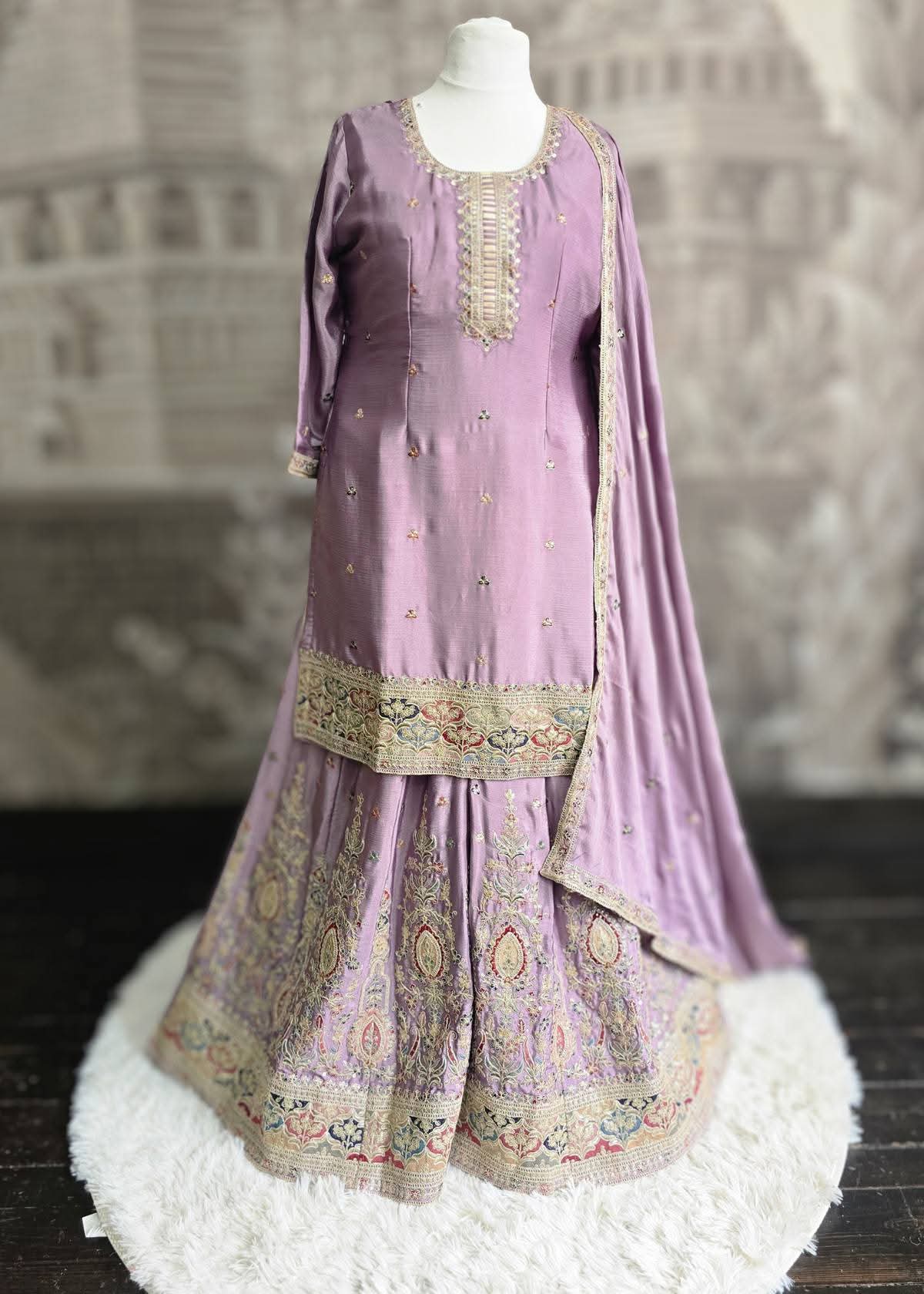 Lilac Embroidered Sharara Suits (Size 18)