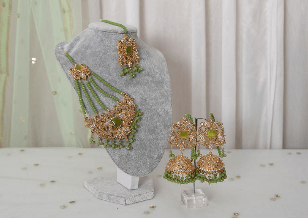 Nims Boutique Ridhi Lime Green Earrings, Tikka & Passa Set