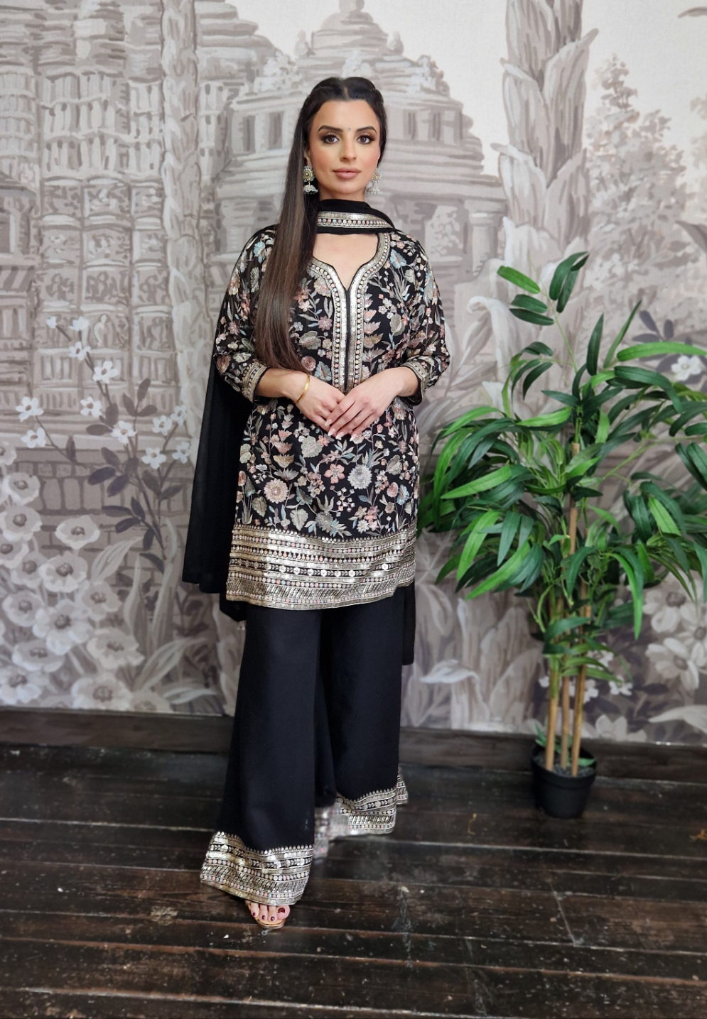 Luxury Black Embroidered Sharara Suit (Size 12)