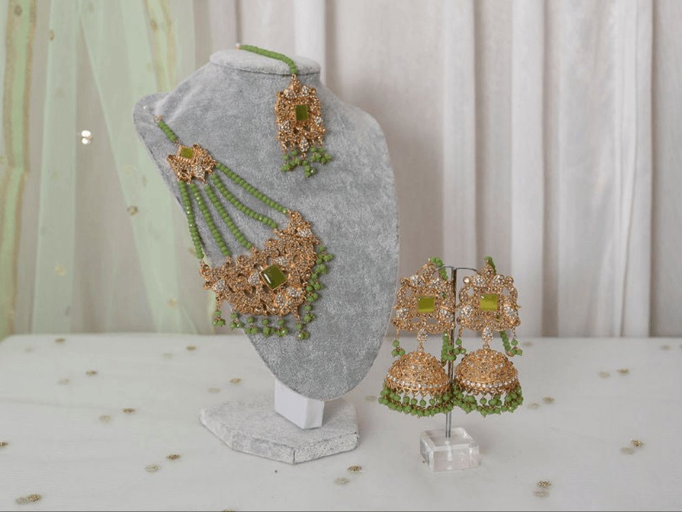 Nims Boutique Ridhi Lime Green Earrings, Tikka & Passa Set