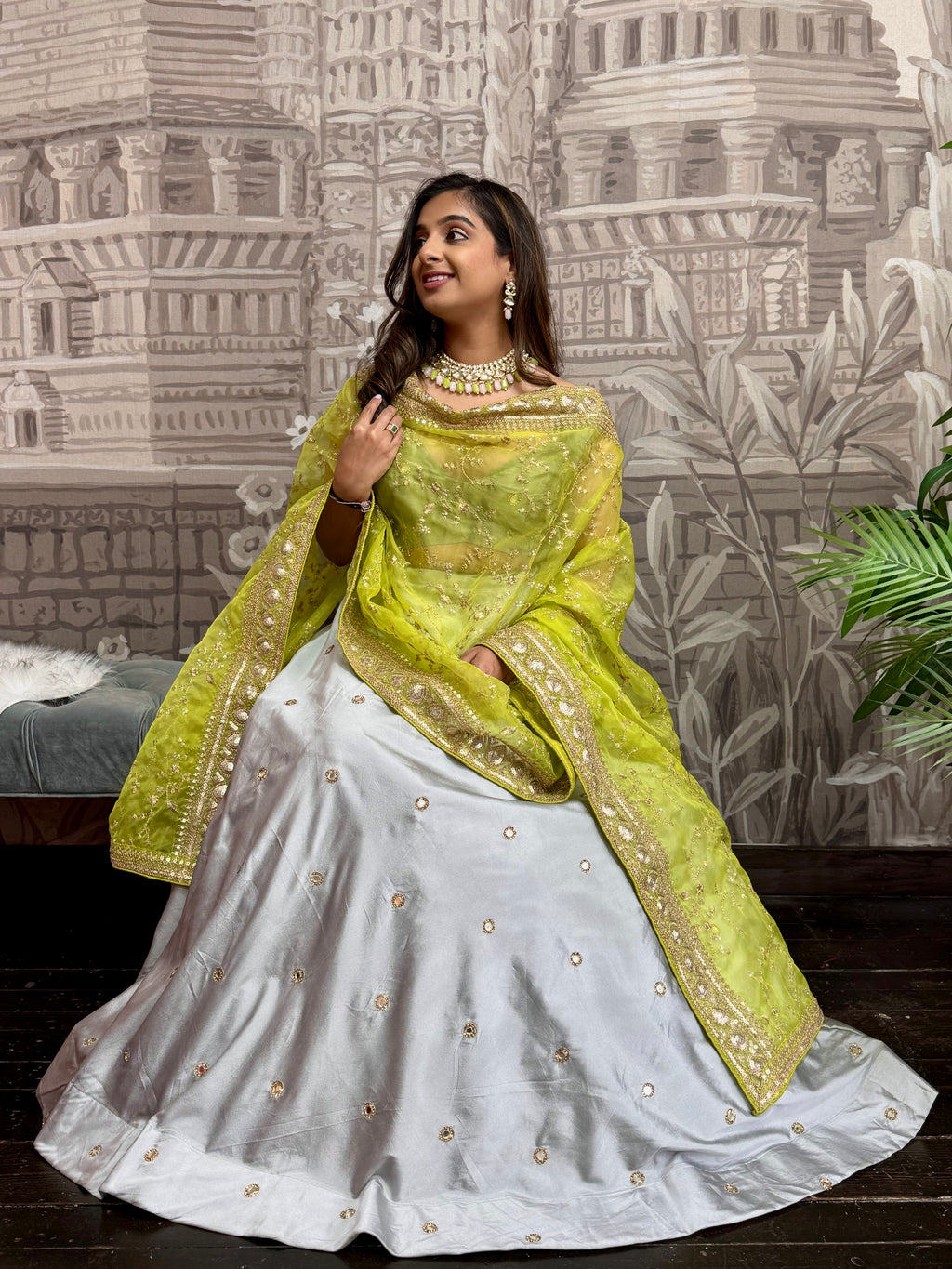 Nims Boutique Mahi Luxury Lime Organza Embroidered Dupatta/Chunni
