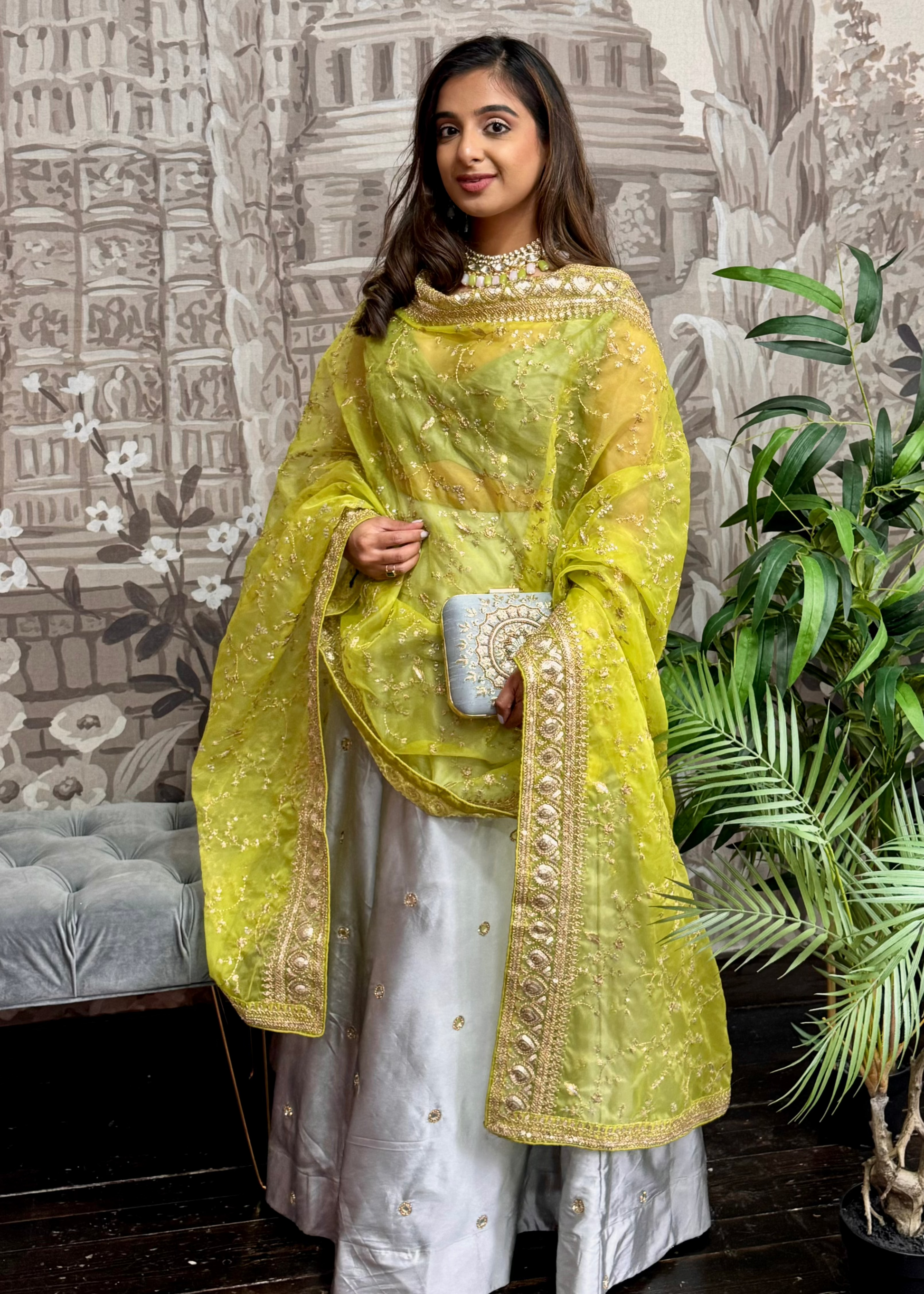 Nims Boutique Mahi Luxury Lime Organza Embroidered Dupatta/Chunni