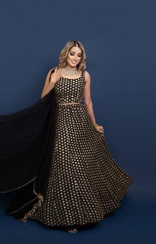 Limited Edition Luxury Black & Gold Sequin Bow Lehnga