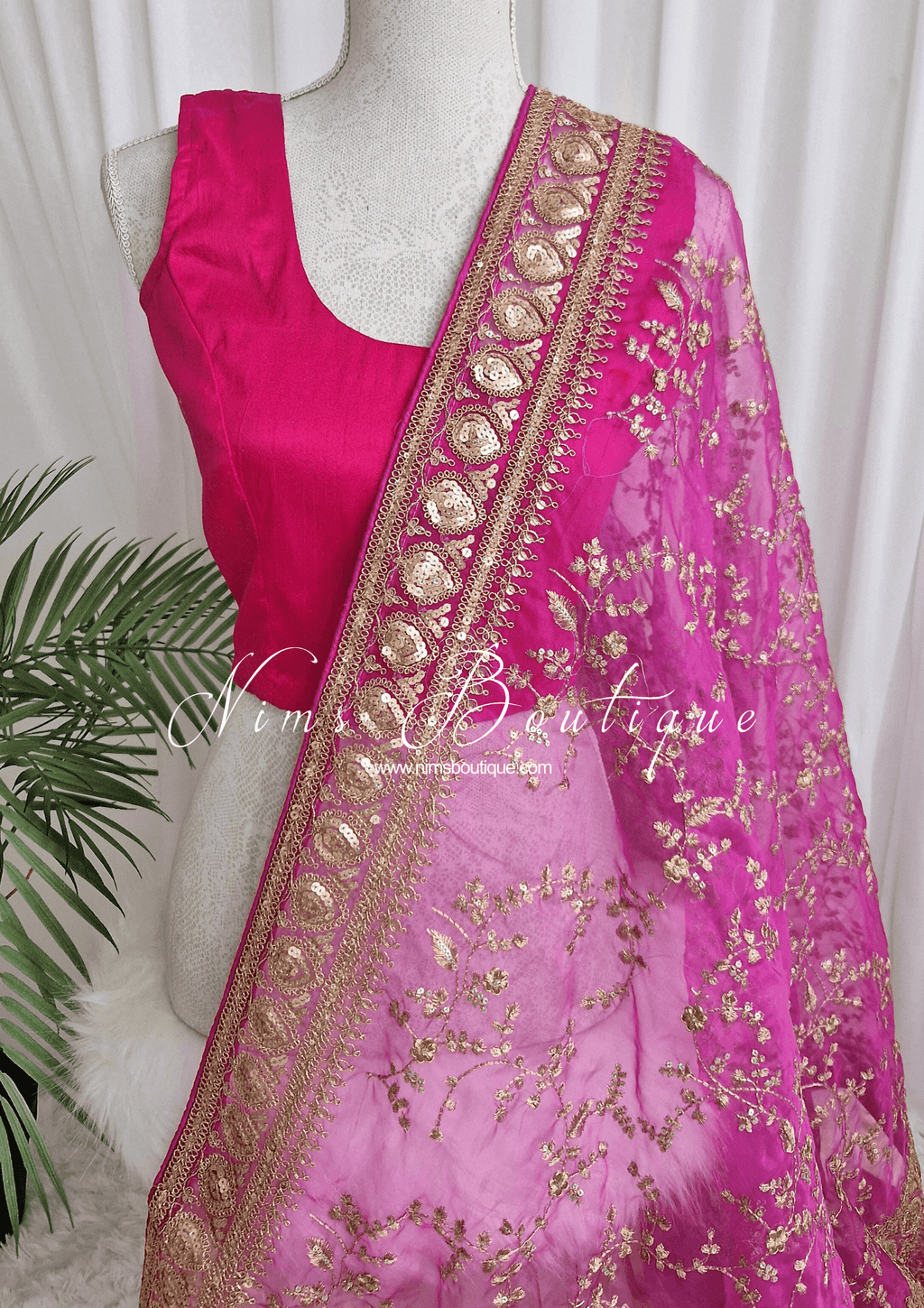 Nims Boutique Mahi Luxury Cerise Pink Organza Embroidered Dupatta/Chunni