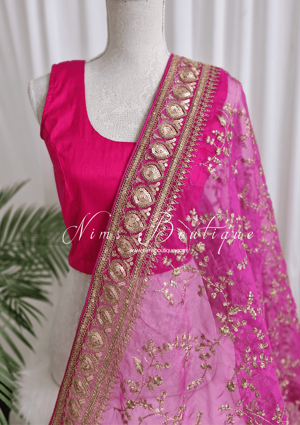 Nims Boutique Mahi Luxury Cerise Pink Organza Embroidered Dupatta/Chunni