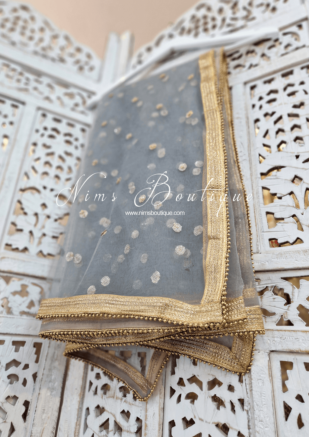 Nims Boutique NB Grey Net Sequin Dupatta/Chunni