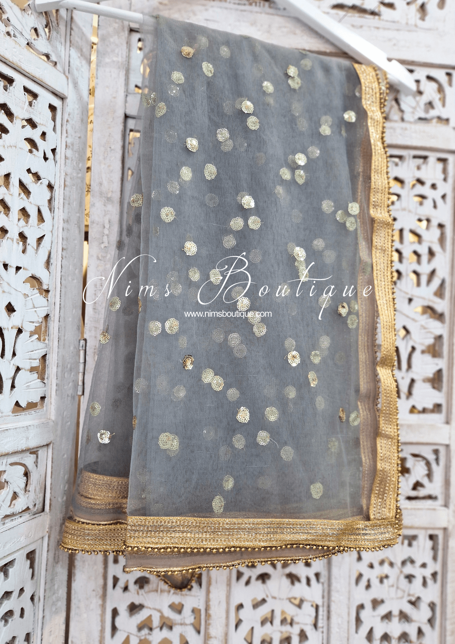 Nims Boutique NB Grey Net Sequin Dupatta/Chunni