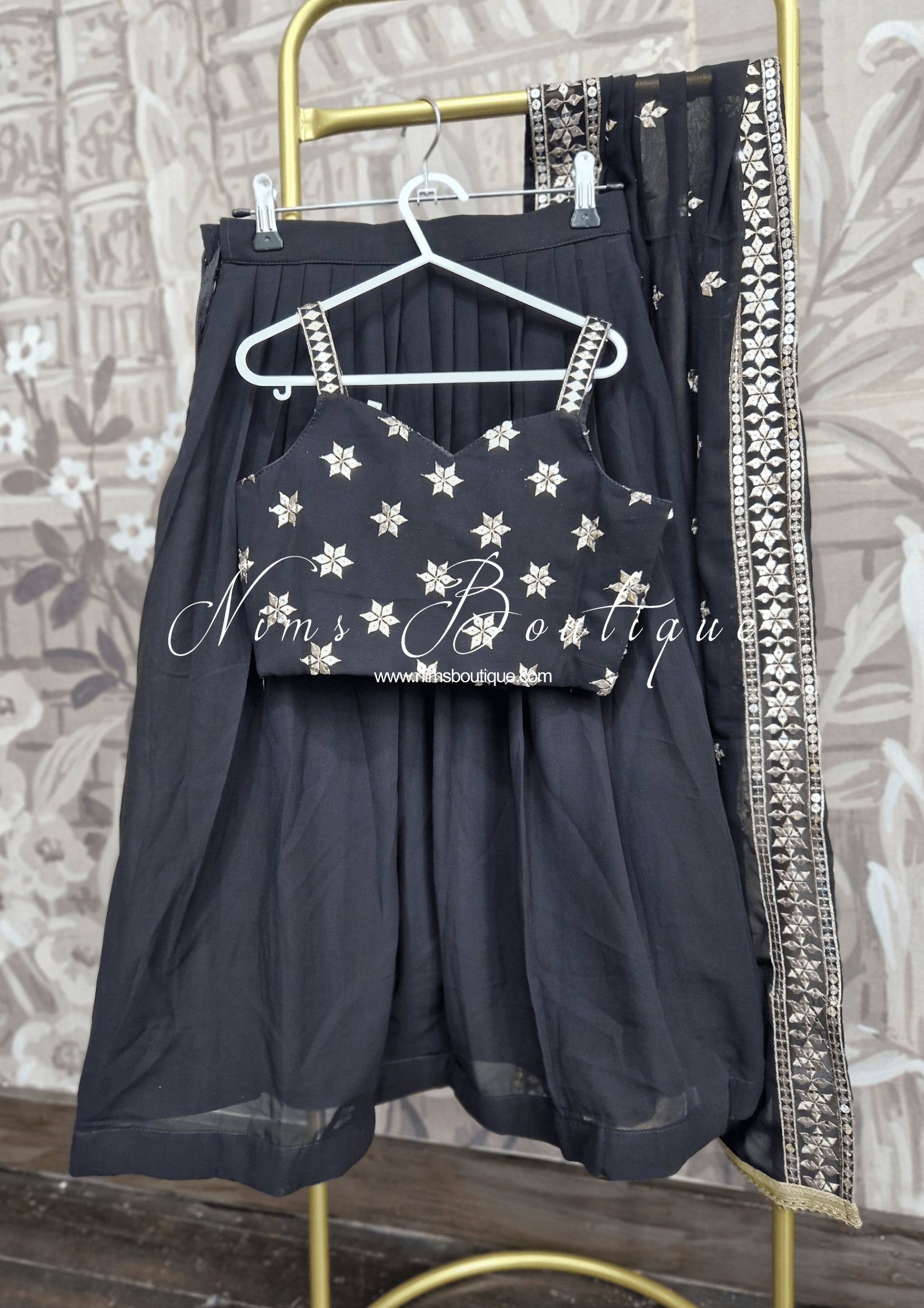 Nims Boutique Luxury Black Zari Work Kids Lehnga