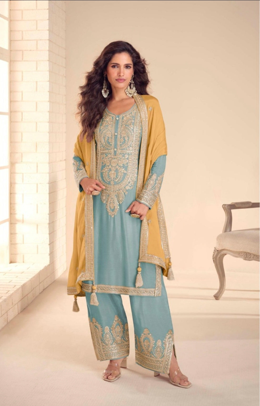 Blue and Mustard Trouser/Salwar Suit (Sizes 14-18)