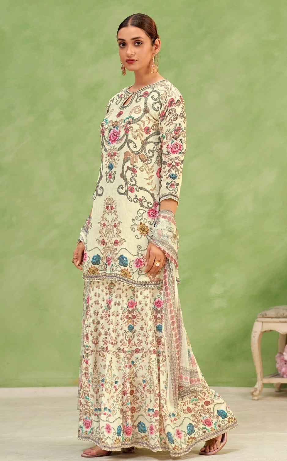 Cream Printed Floral Gharara Suit (size 14-18)
