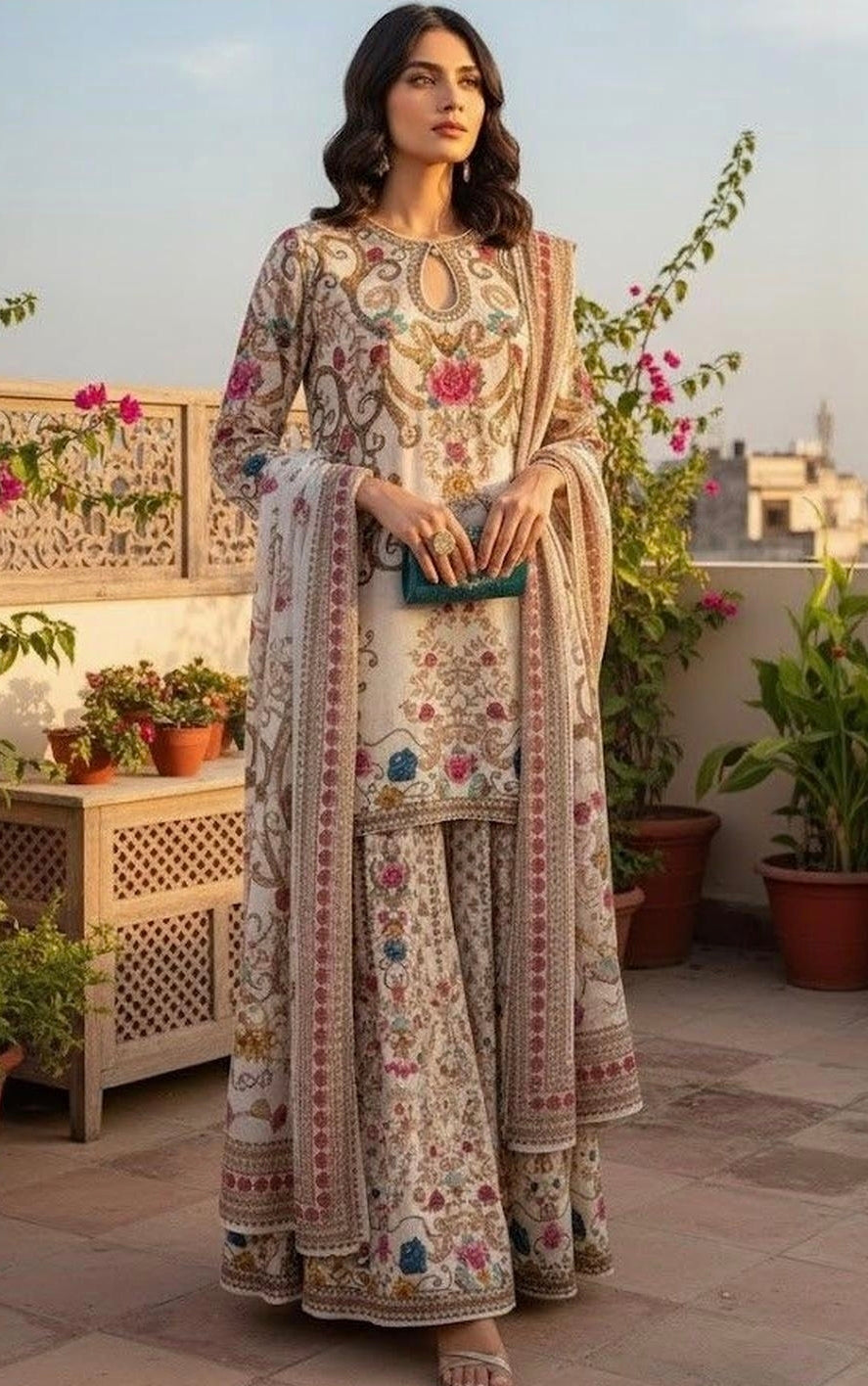 Cream Printed Floral Gharara Suit (size 14-18)