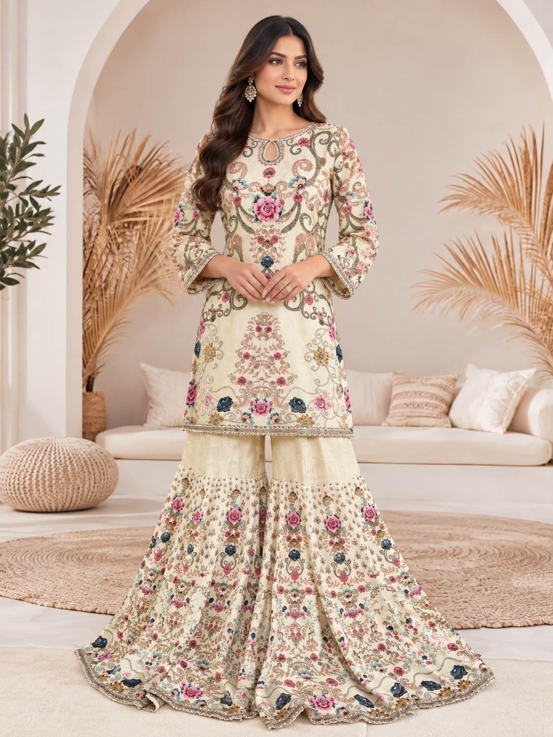 Cream Printed Floral Gharara Suit (size 14-18)