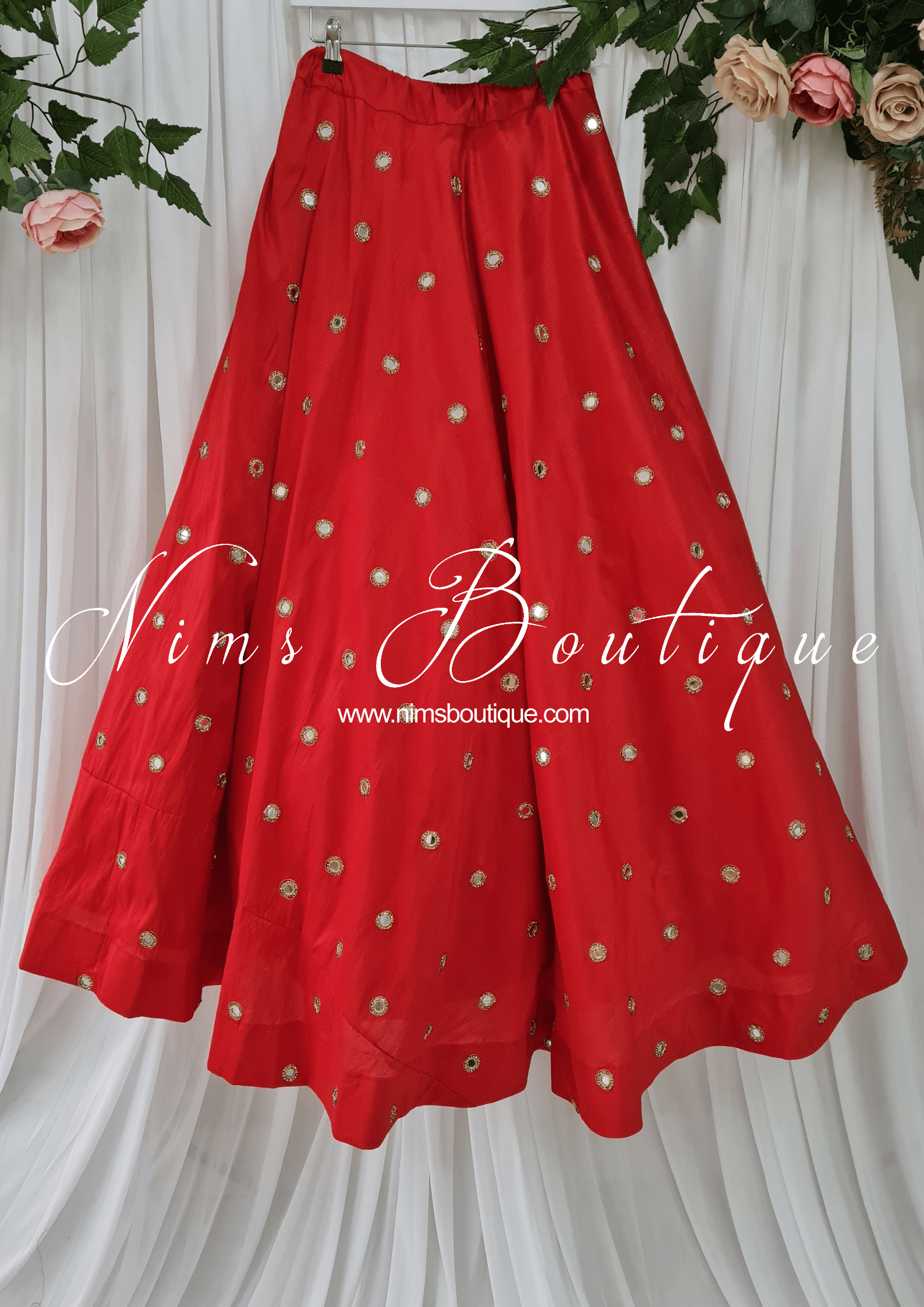 Nims Boutique Rani Luxury Red Silk Mirror readymade skirt/lehnga size 4-20