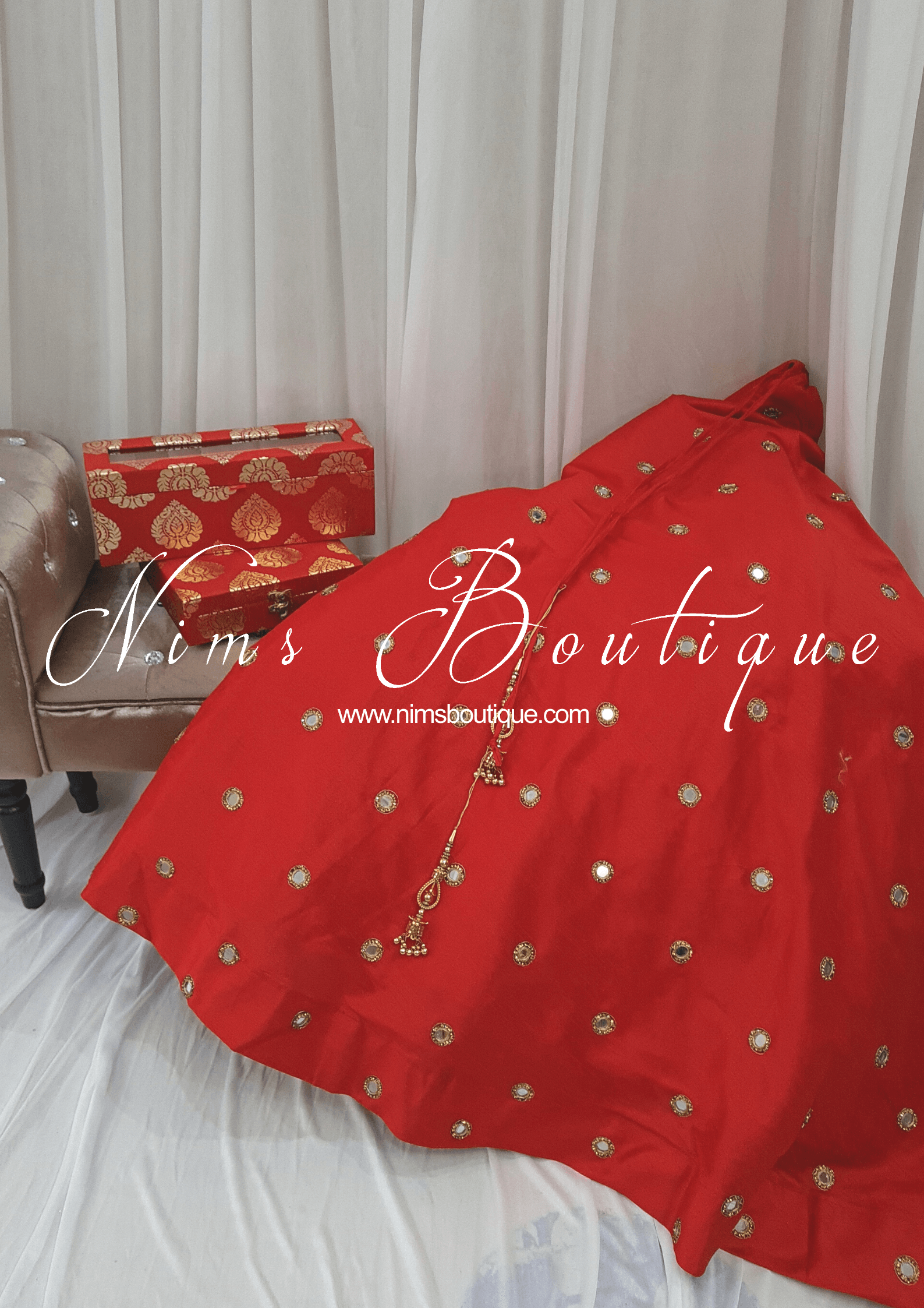 Nims Boutique Rani Luxury Red Silk Mirror readymade skirt/lehnga size 4-20