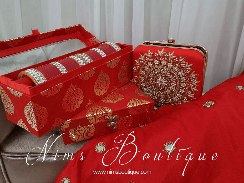 Nims Boutique Large Red Raw Silk Clutch Bag with Pearl & Gold embellishment