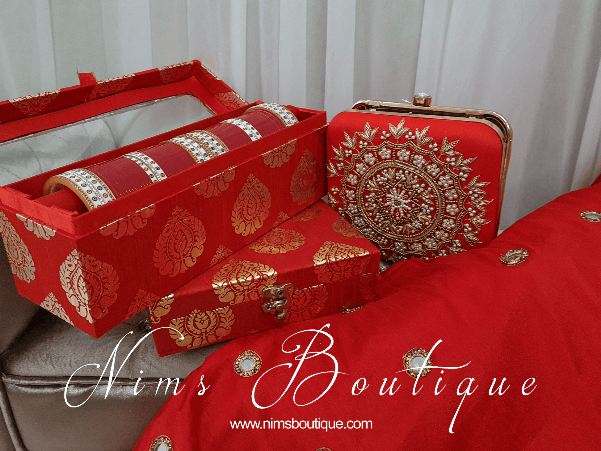 Nims Boutique Large Red Raw Silk Clutch Bag with Pearl & Gold embellishment