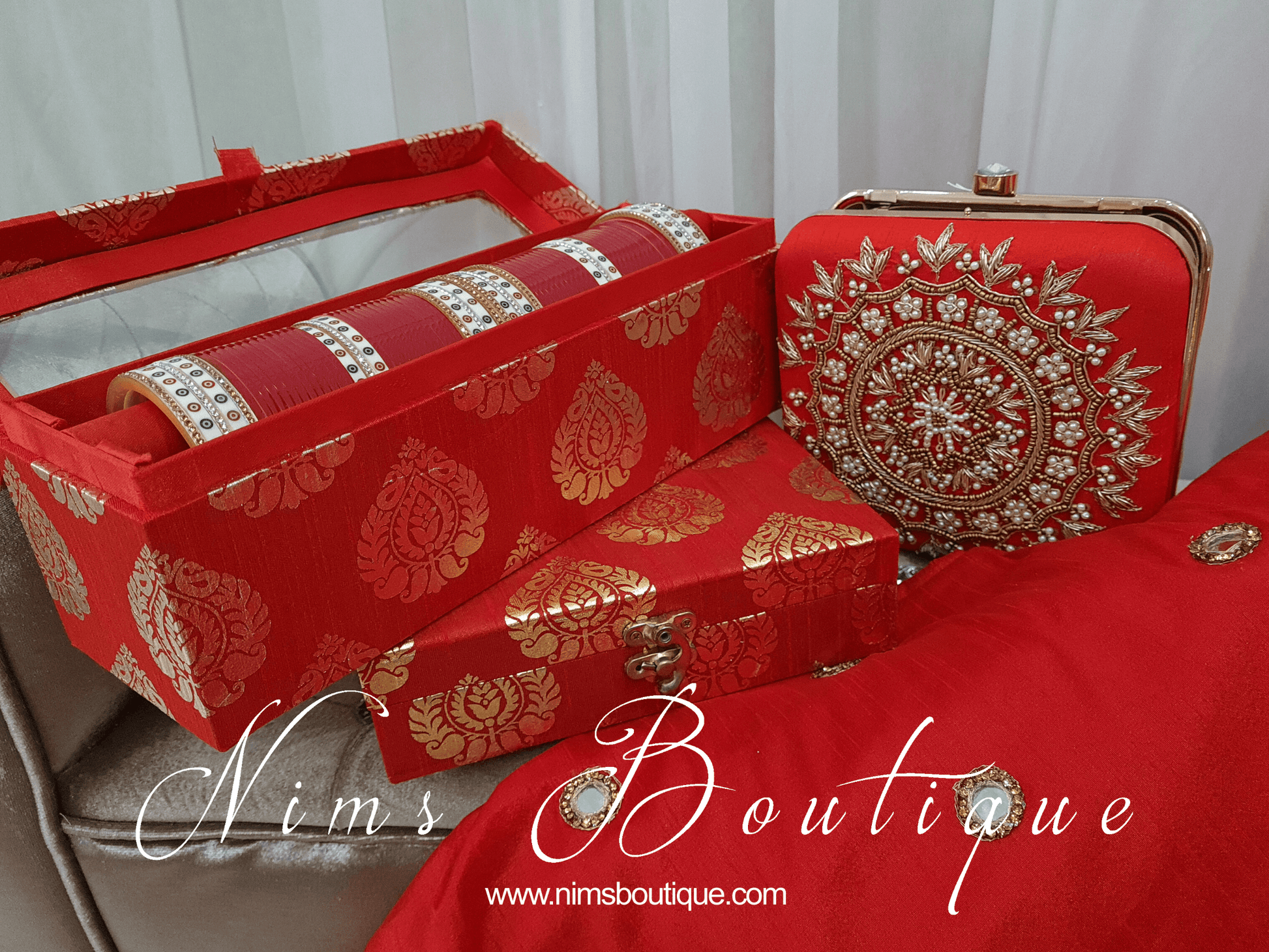 Nims Boutique Large Red Raw Silk Clutch Bag with Pearl & Gold embellishment