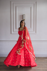 Red Net Pearl Embellished Dupatta/Chunni with Luxury Pearl Edging (NPE1)
