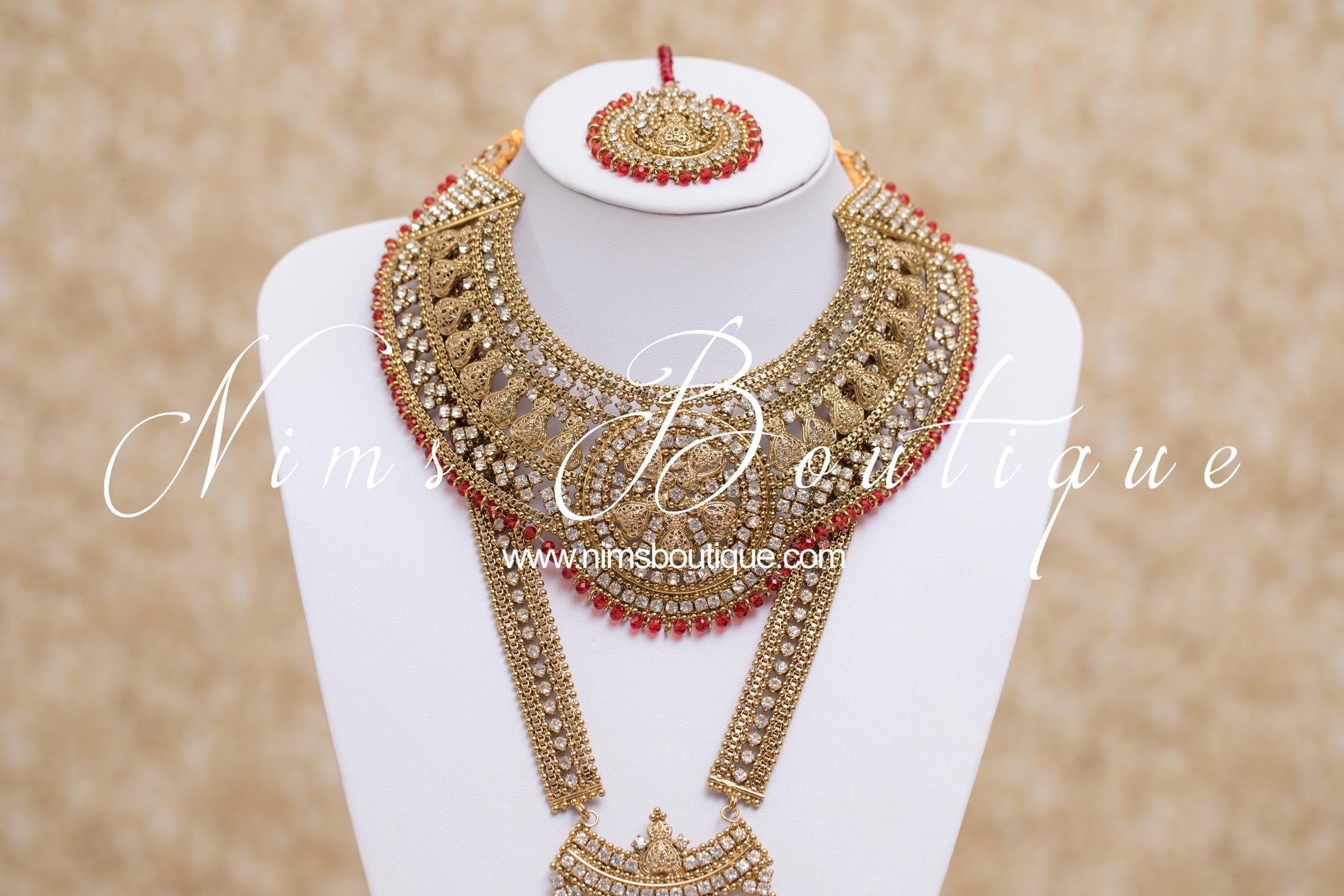 Nims Boutique Madhubala Antique Gold & Red Bridal Set