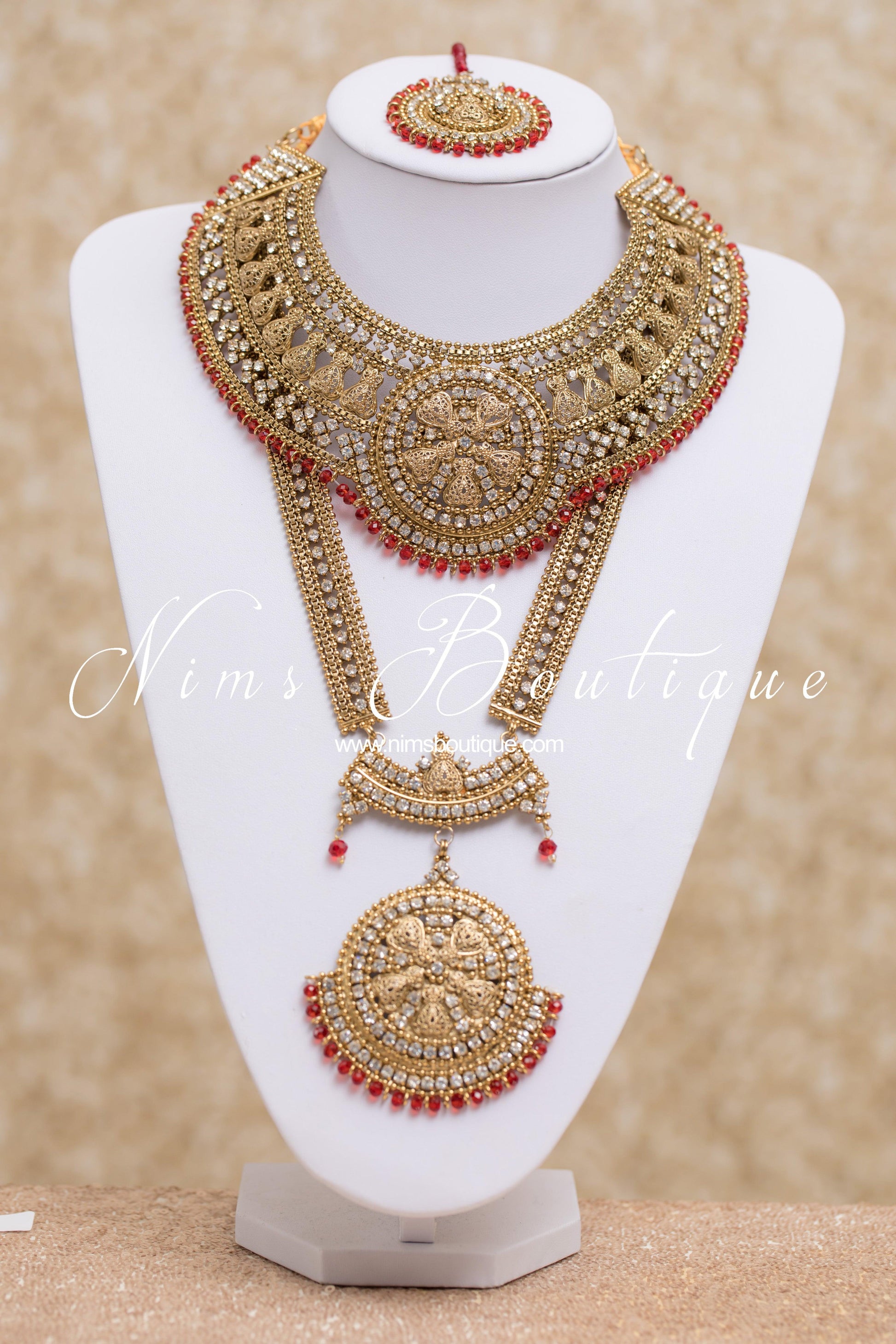 Nims Boutique Madhubala Antique Gold & Red Bridal Set