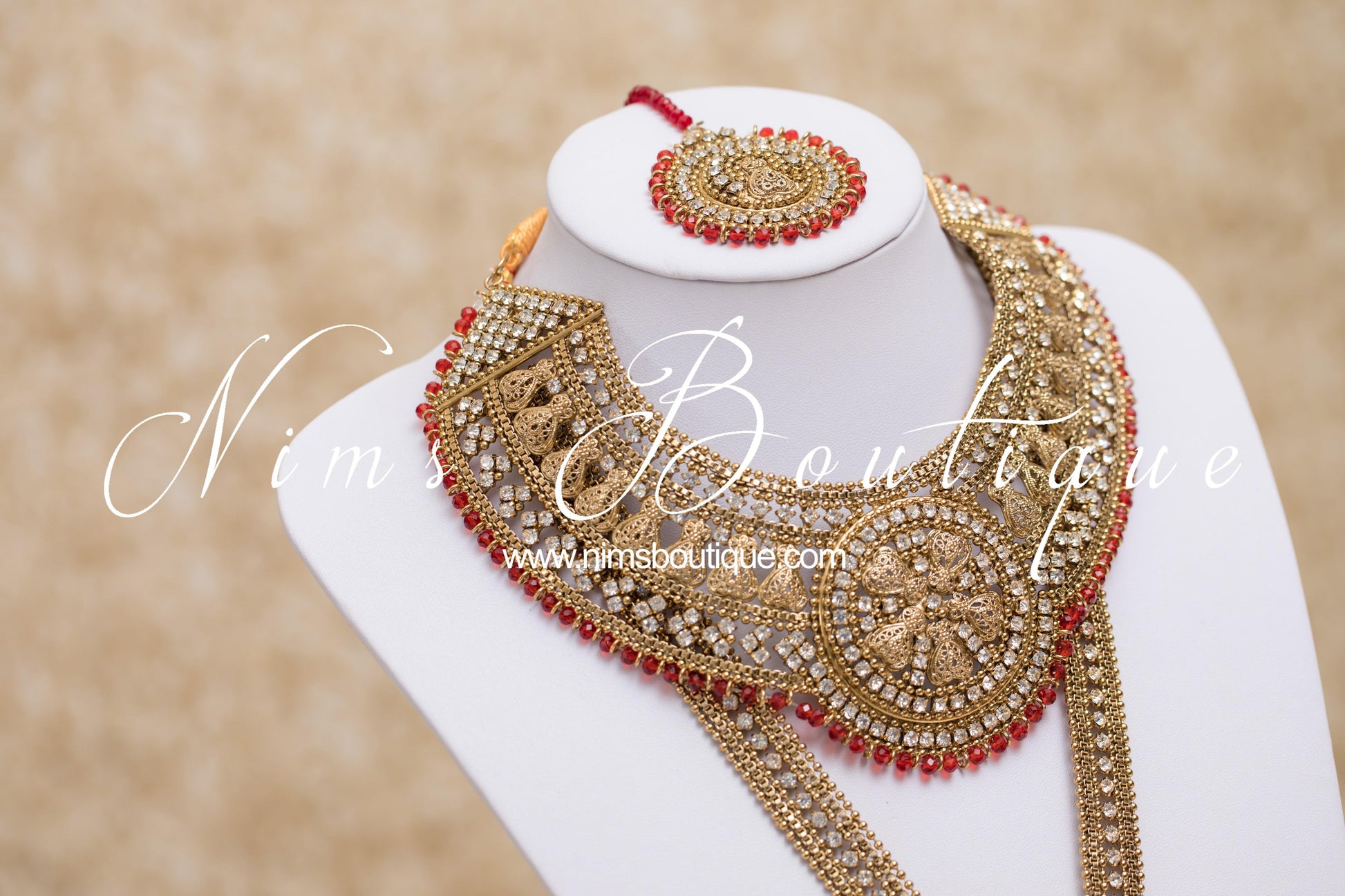 Nims Boutique Madhubala Antique Gold & Red Bridal Set