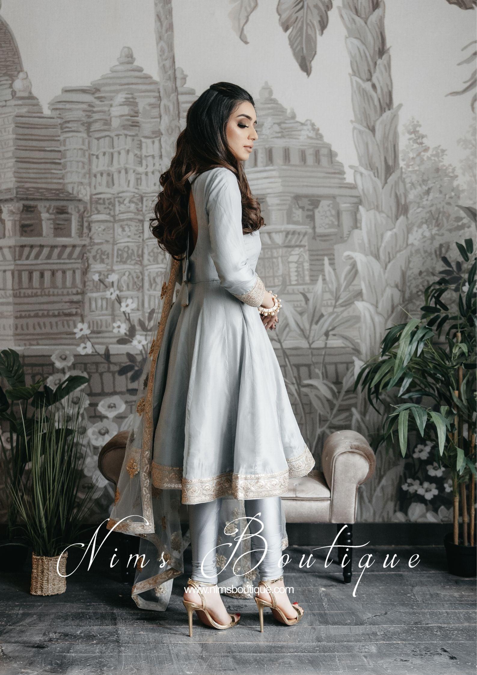 Nims Boutique Rashmi Luxury Grey Silk Anarkali Suit with Pajami size 6-8