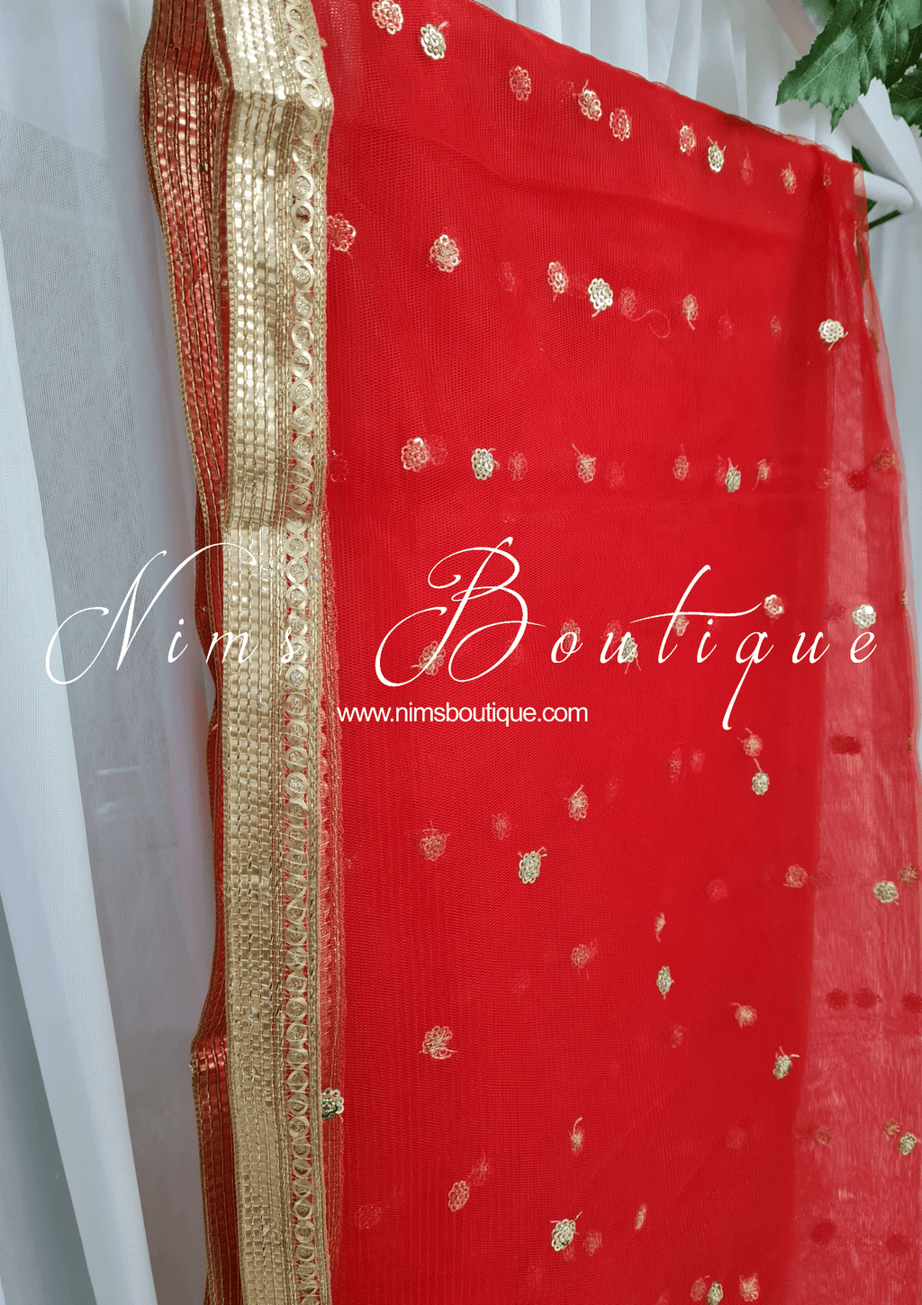 Nims Boutique Bright Red Net Sequin Dupatta/Chunni NS7