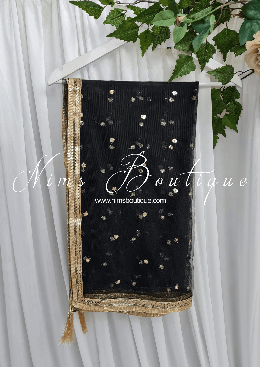 Nims Boutique Black Net Sequin Dupatta/Chunni NS4