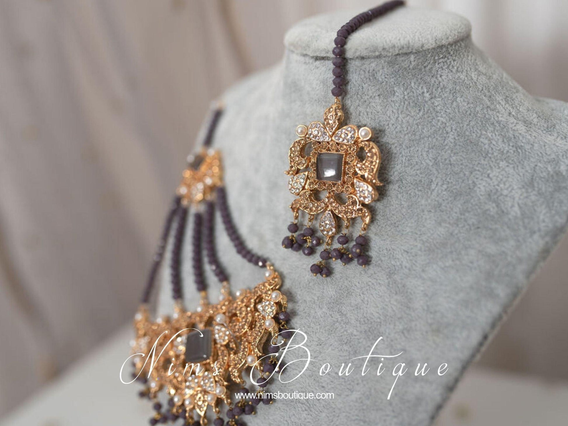 Nims Boutique Ridhi Dark Grey Earrings, Tikka & Passa Set
