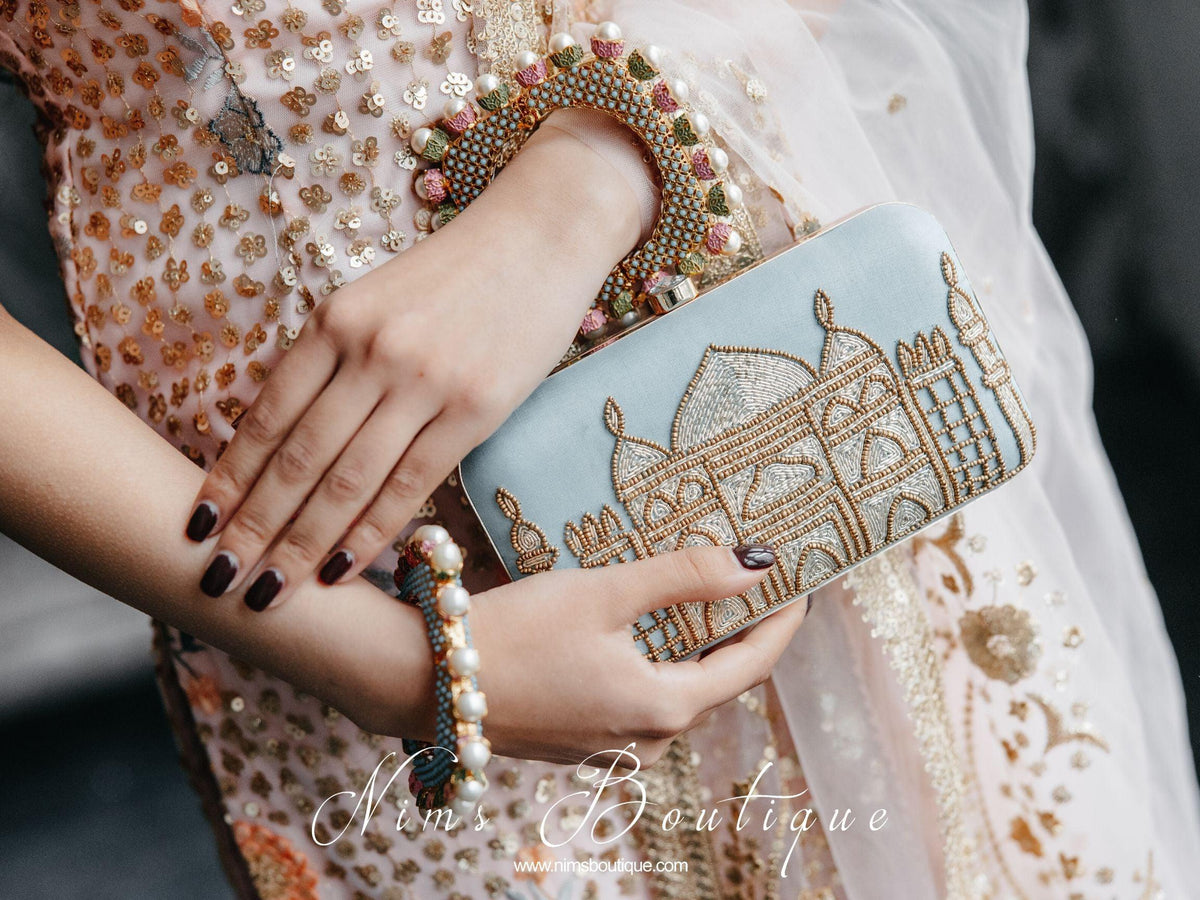 Nims Boutique Taj Pastel Blue Raw Silk Clutch Bag