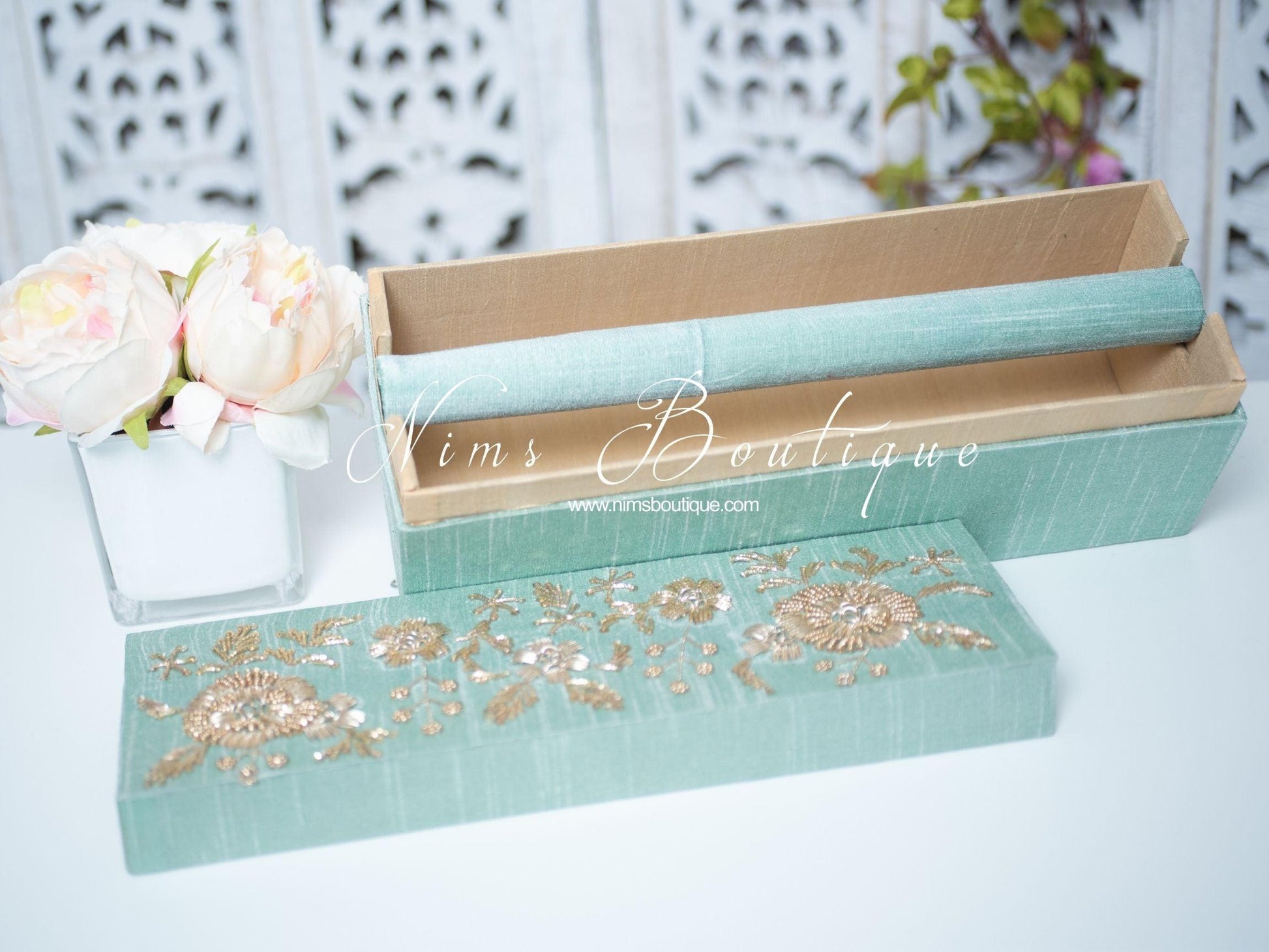 Nims Boutique Luxury Mint Embroidered Bangle Box