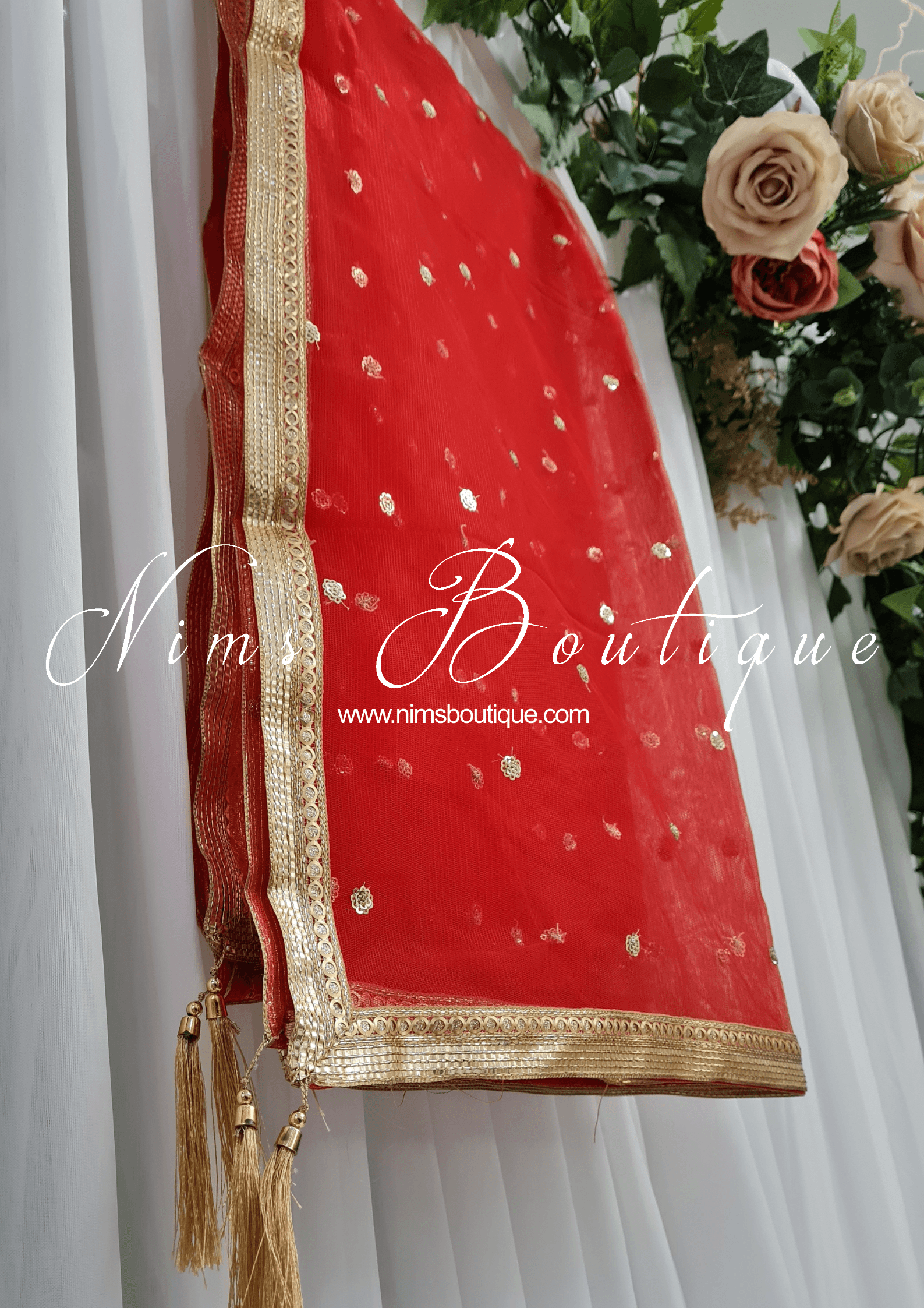 Nims Boutique Bright Red Net Sequin Dupatta/Chunni NS7
