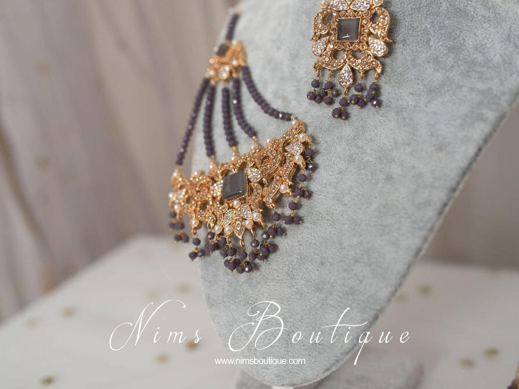 Nims Boutique Ridhi Dark Grey Earrings, Tikka & Passa Set