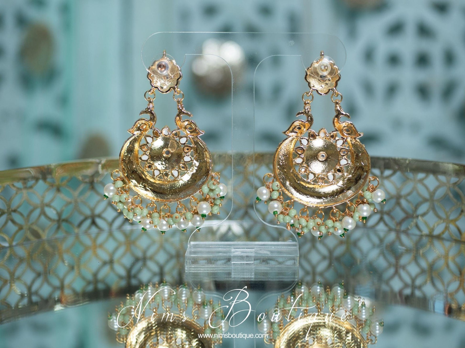 Nims Boutique Moorni Pastel Mint Meenakari Peacock Earrings