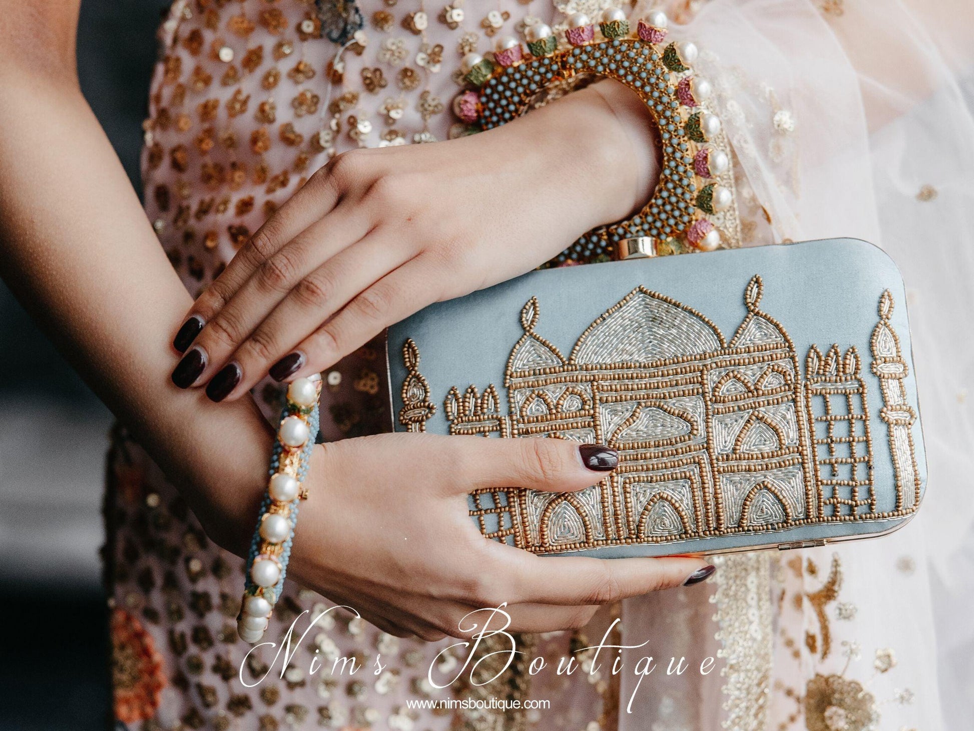Nims Boutique Taj Pastel Blue Raw Silk Clutch Bag