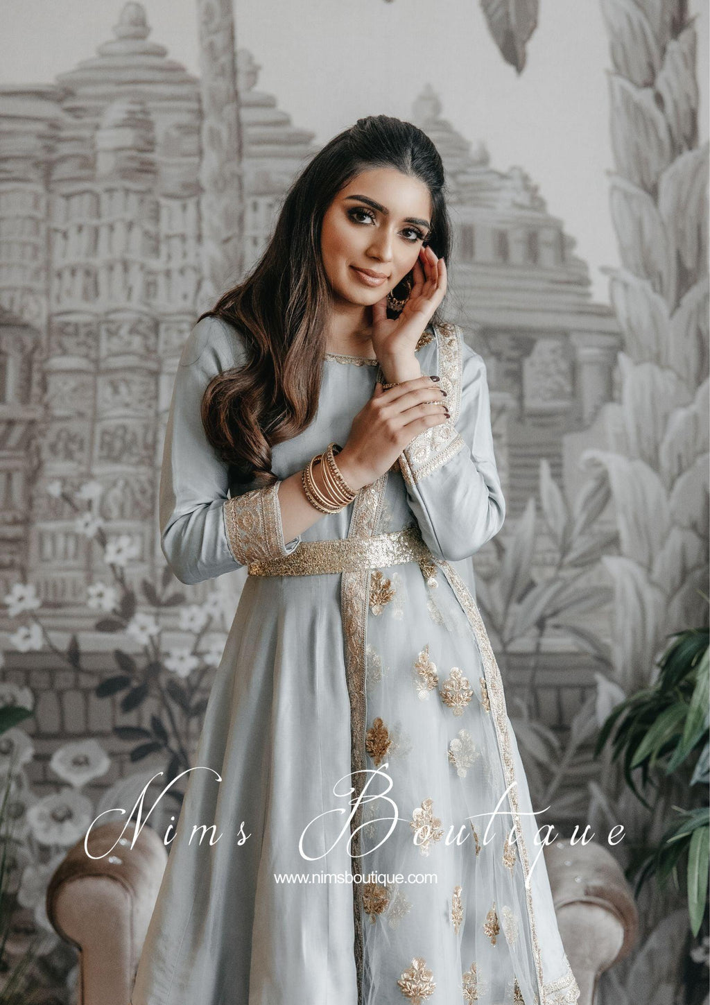 Nims Boutique Rashmi Luxury Grey Silk Anarkali Suit with Pajami size 6-8
