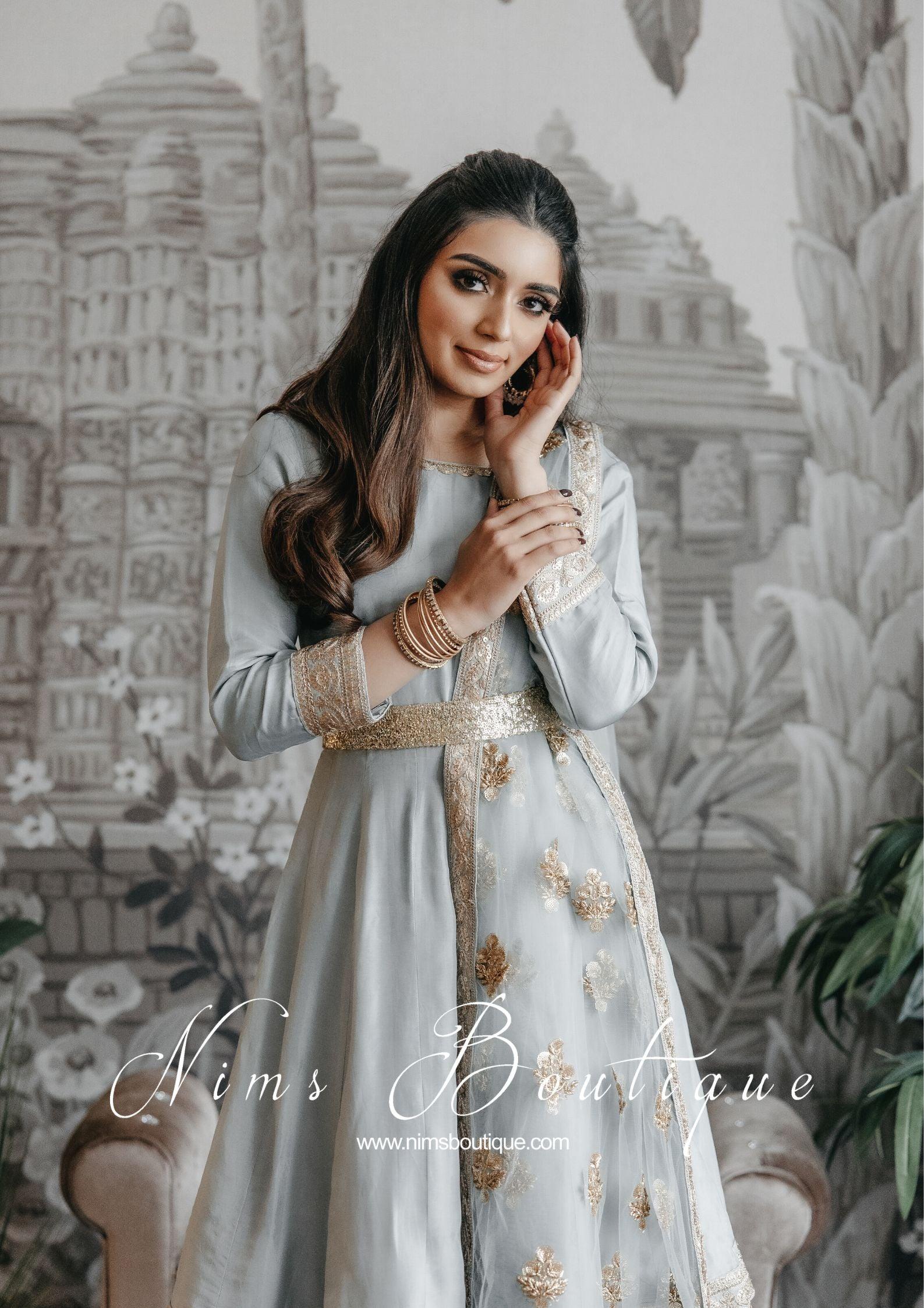 Nims Boutique Rashmi Luxury Grey Silk Anarkali Suit with Pajami size 6-8