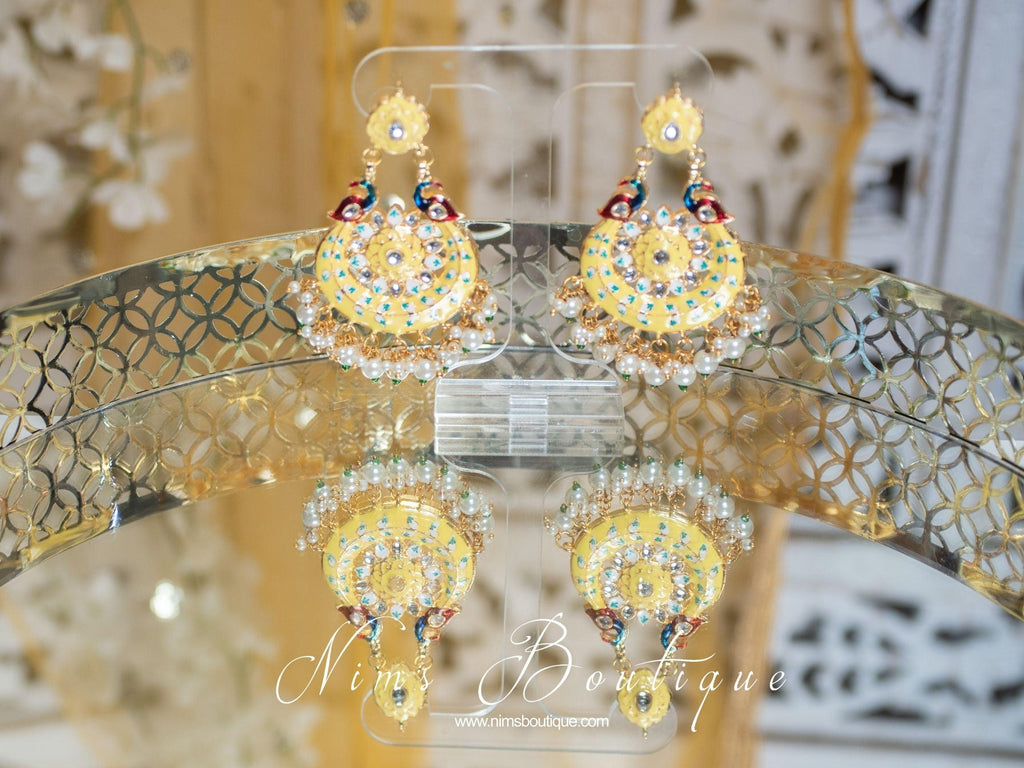 Nims Boutique Moorni Lemon Yellow Meenakari Peacock Earrings