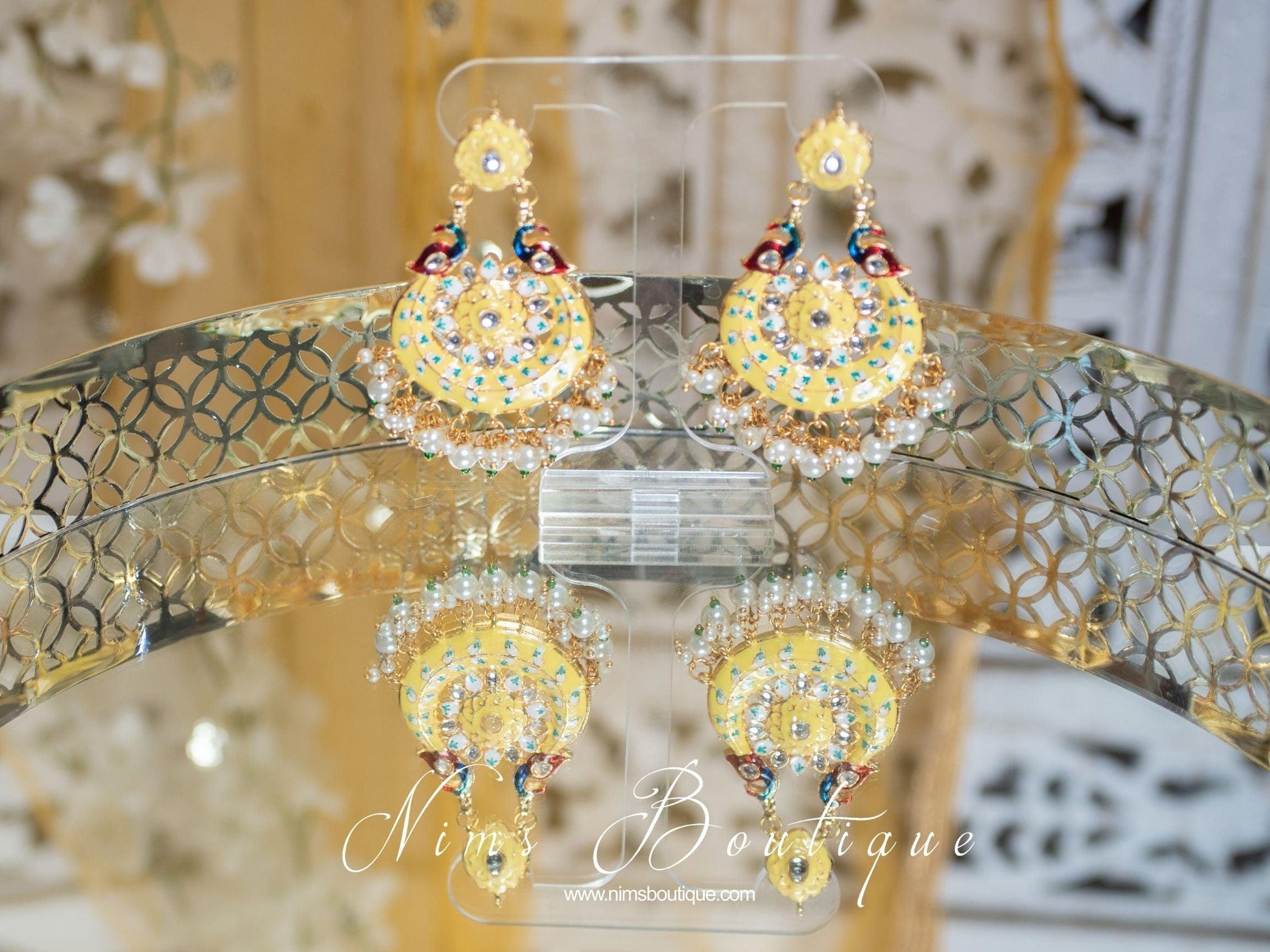 Nims Boutique Moorni Lemon Yellow Meenakari Peacock Earrings
