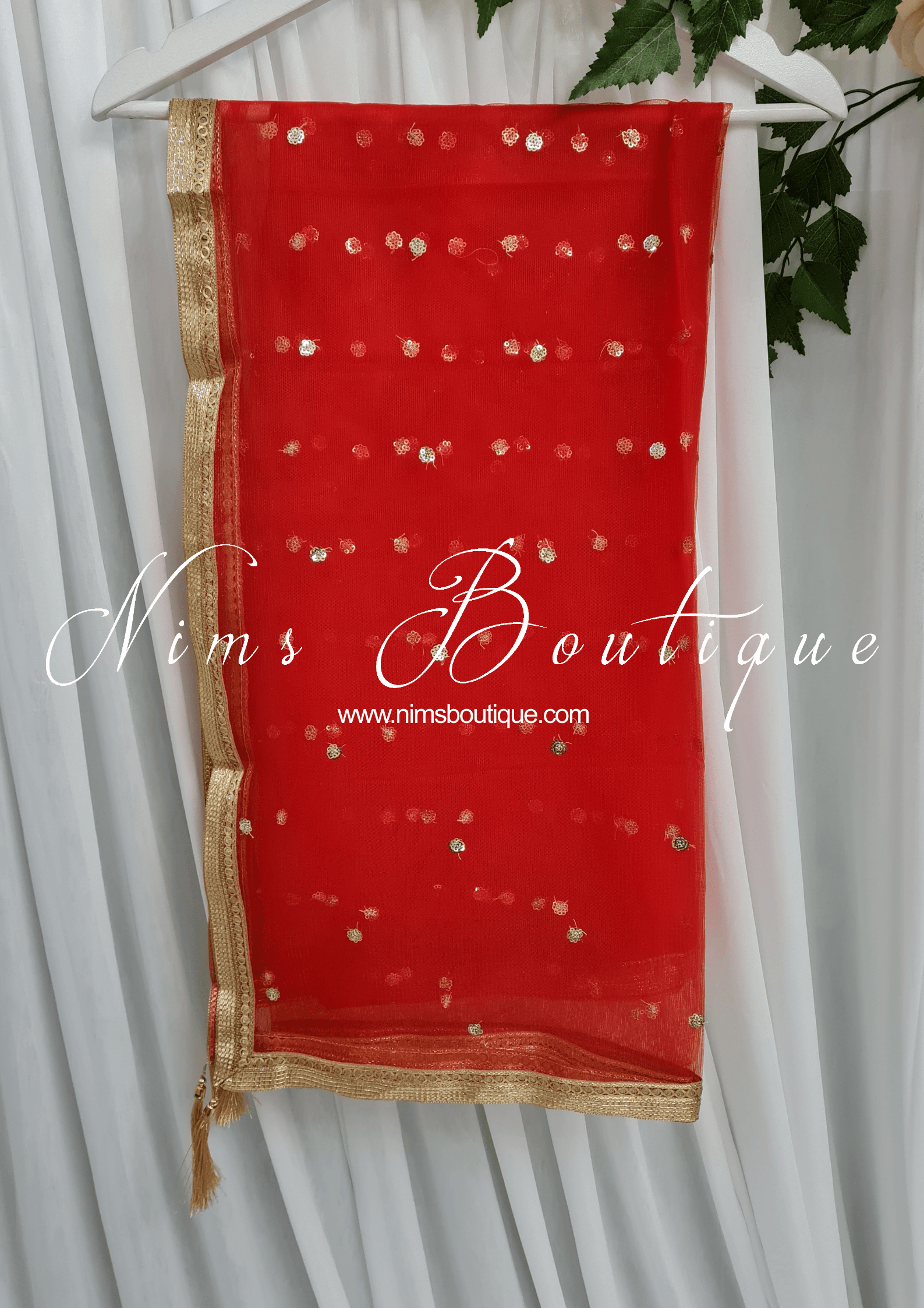 Nims Boutique Bright Red Net Sequin Dupatta/Chunni NS7