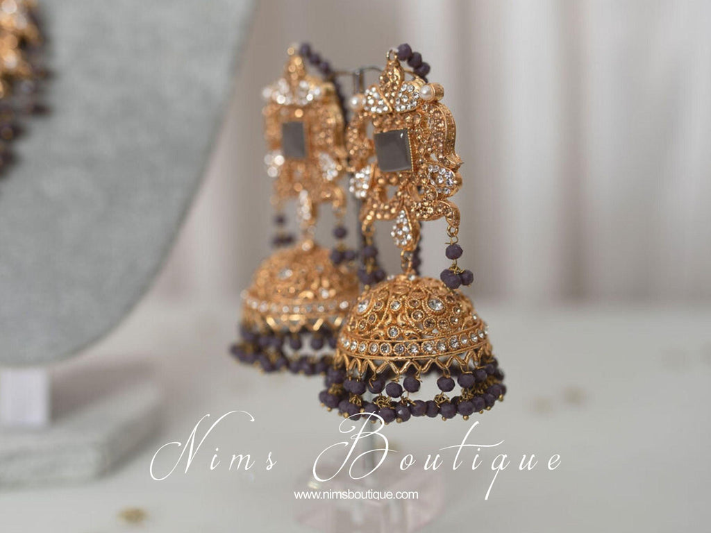 Nims Boutique Ridhi Dark Grey Earrings, Tikka & Passa Set