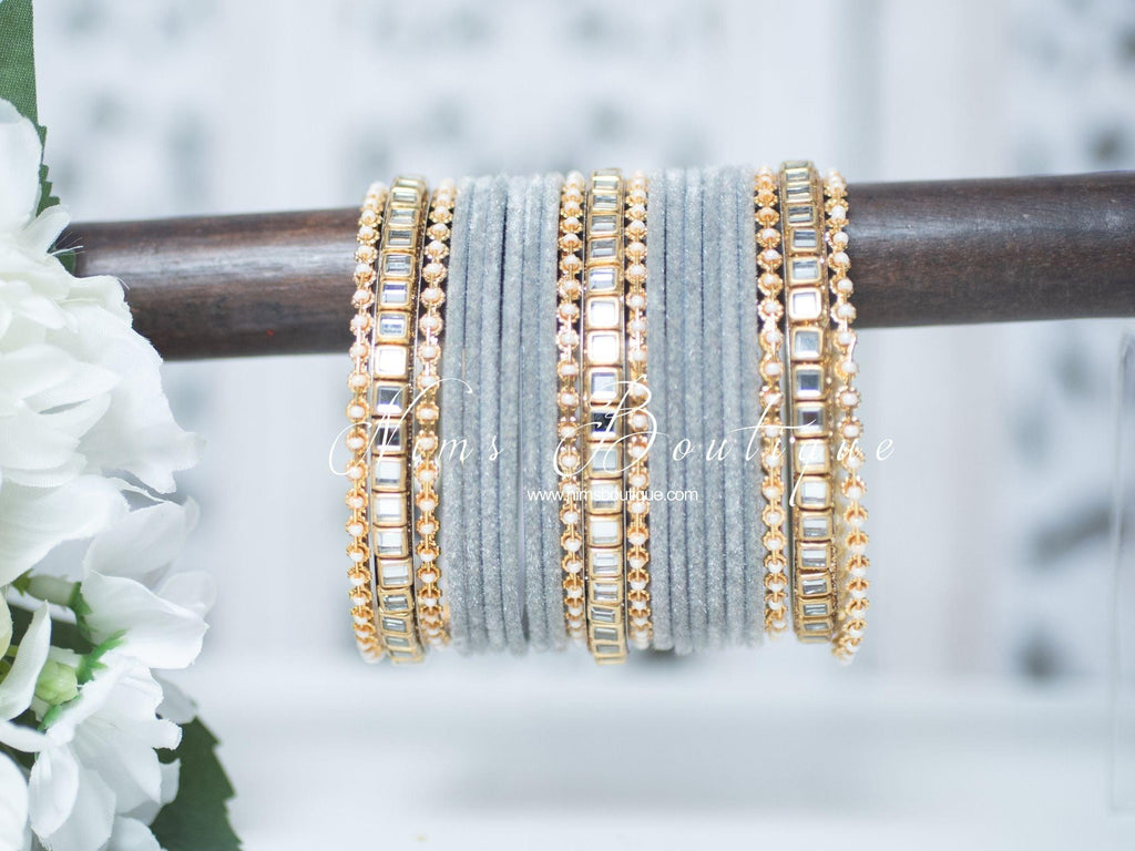 Nims Boutique Grey Velvet & Kundan Set of Bangles GV1