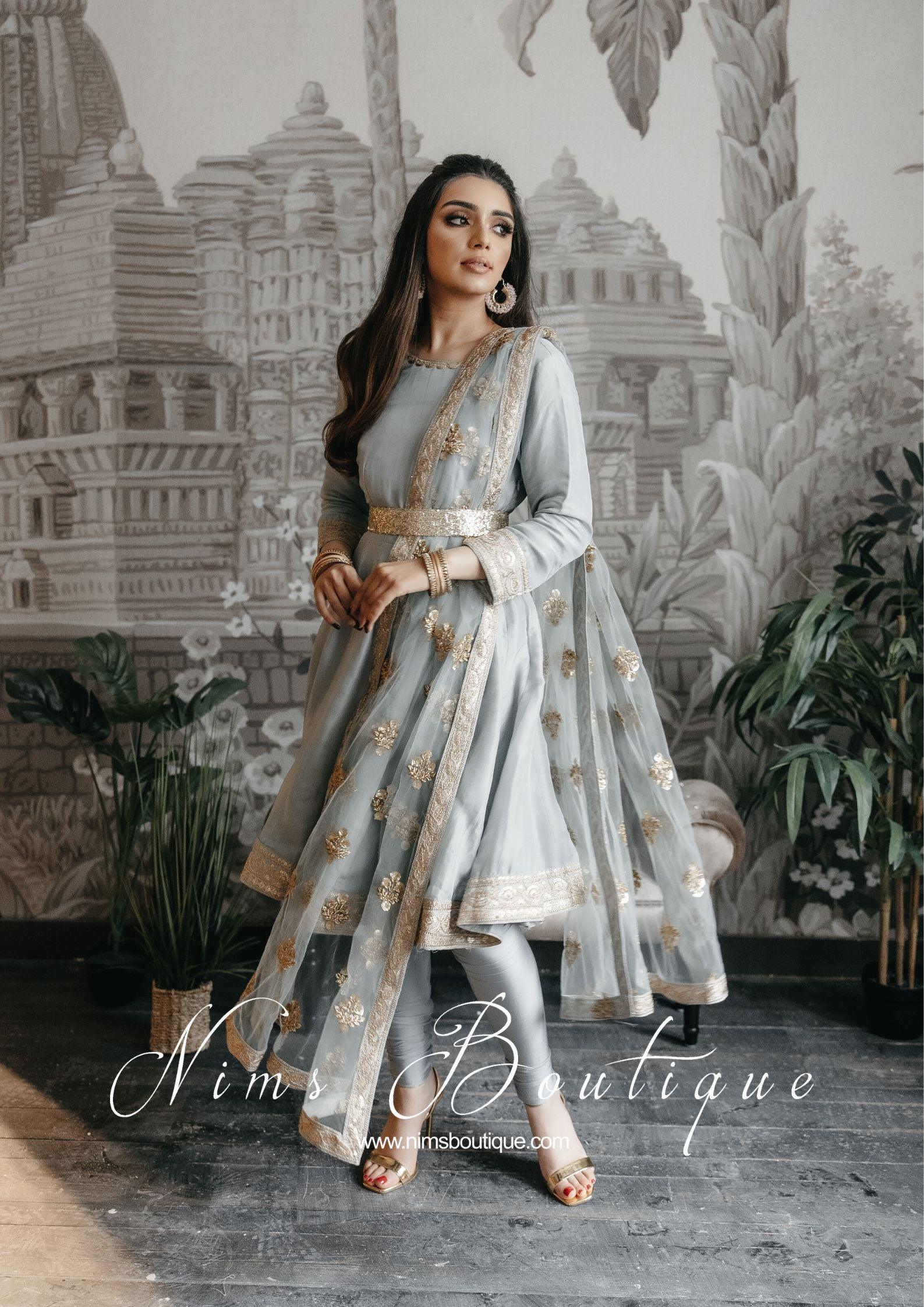 Nims Boutique Rashmi Luxury Grey Silk Anarkali Suit with Pajami size 6-8