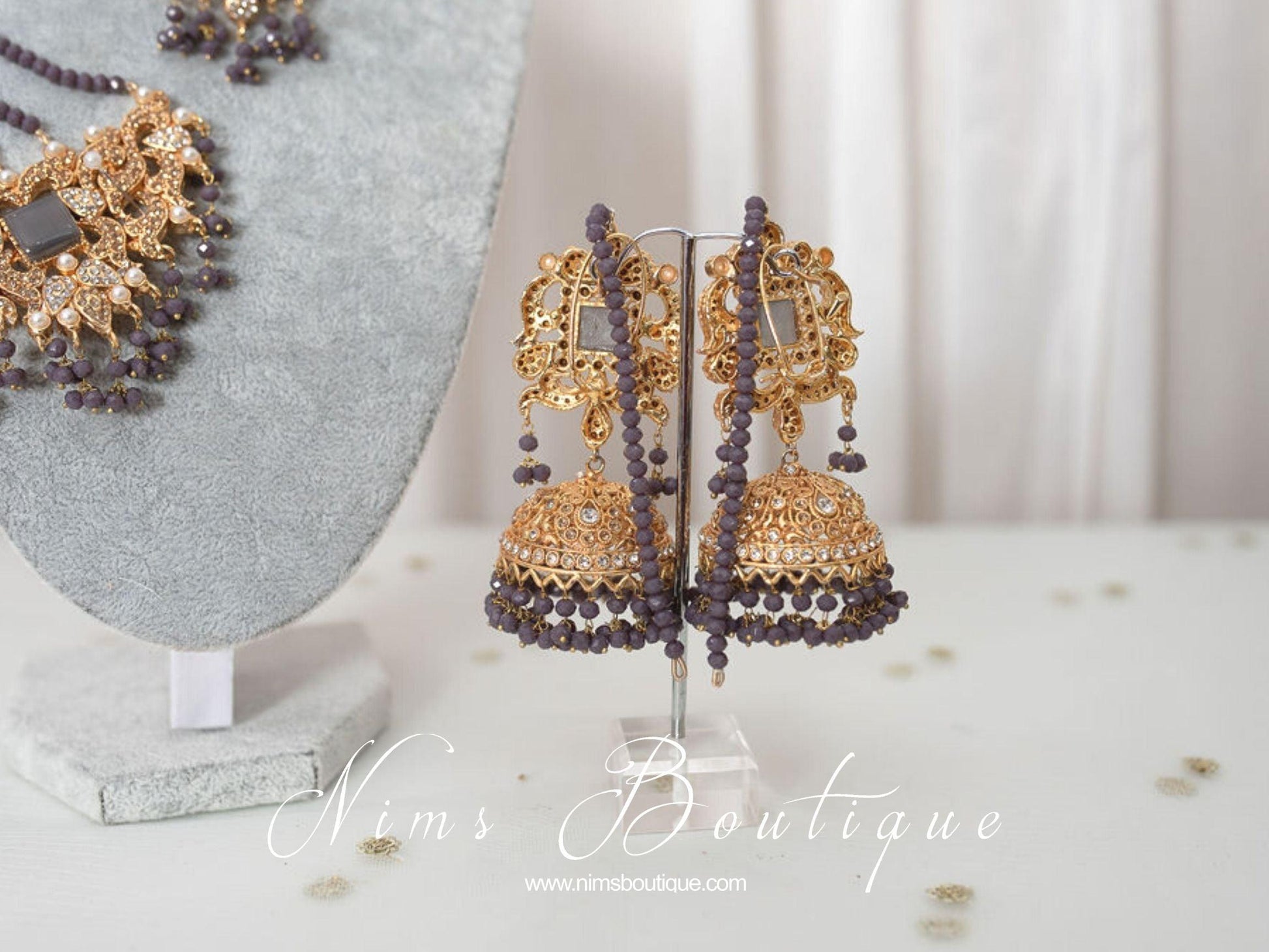 Nims Boutique Ridhi Dark Grey Earrings, Tikka & Passa Set