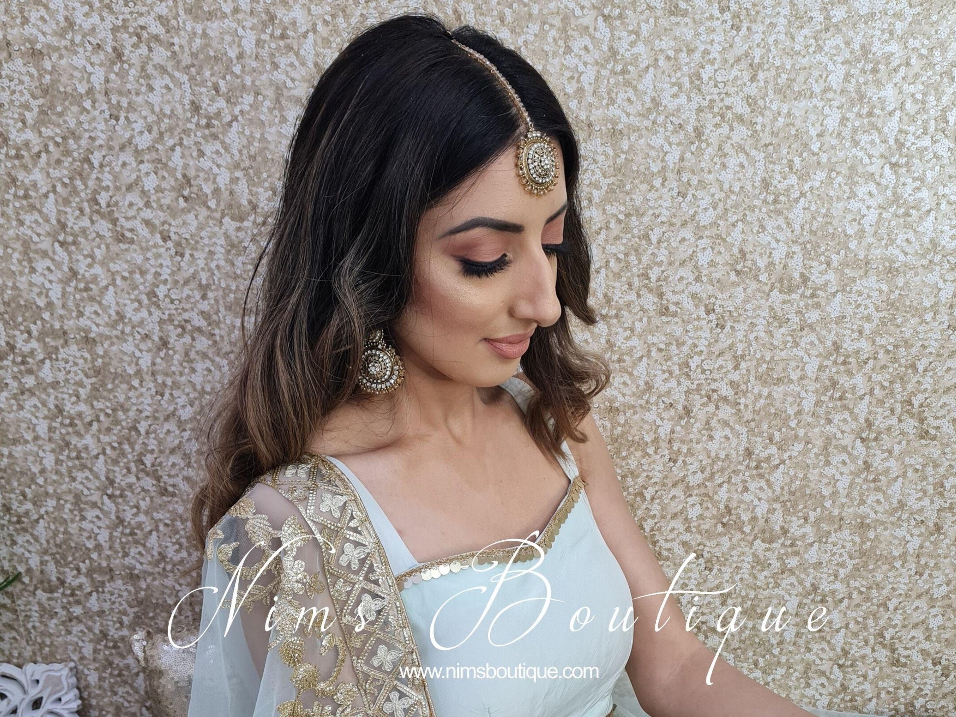 Nims Boutique Royal Gold Tikka & Earrings Set with clear stone