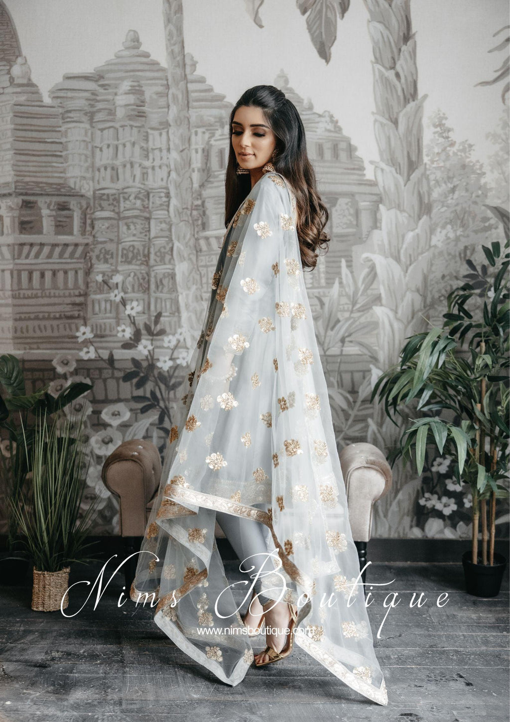Nims Boutique Rashmi Luxury Grey Silk Anarkali Suit with Pajami size 6-8