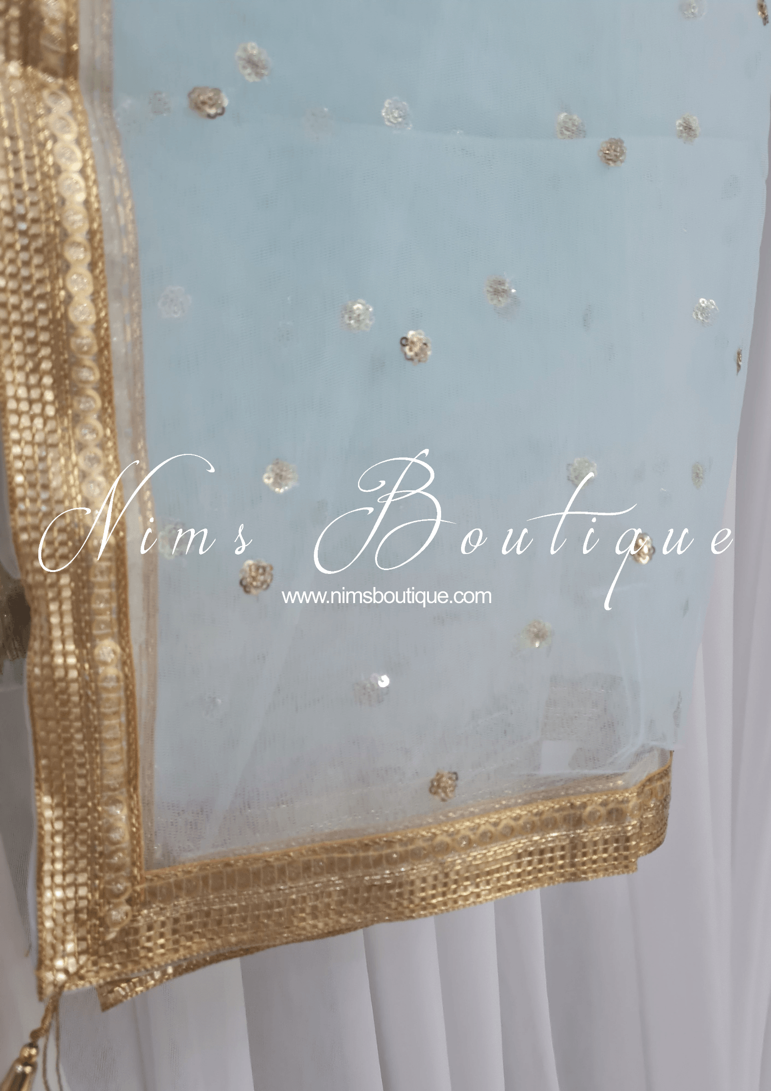 Nims Boutique Light Blue Net Sequin Dupatta/Chunni